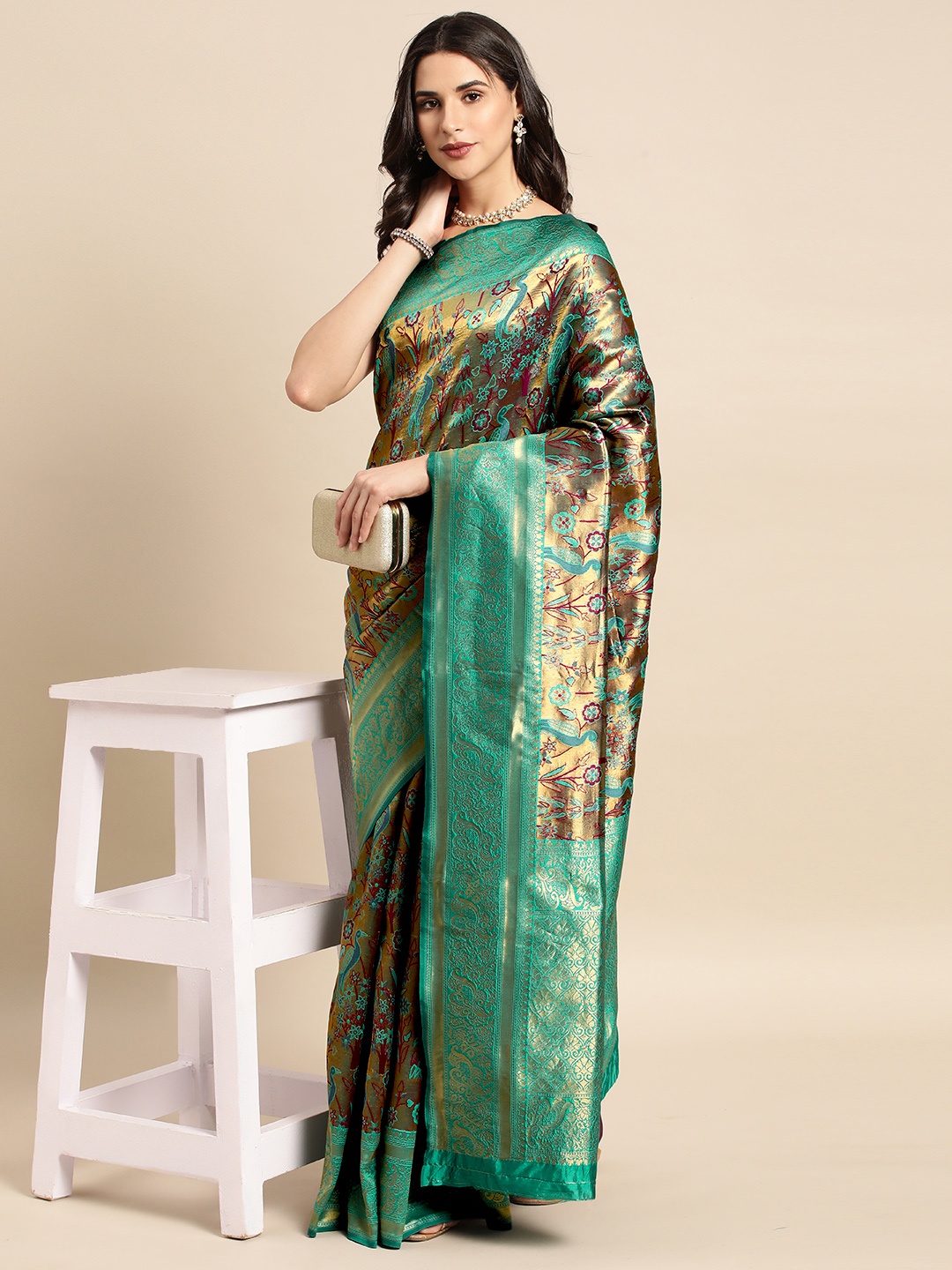 

HERE&NOW Blue & Golden Ethnic Motifs Silk Blend Saree