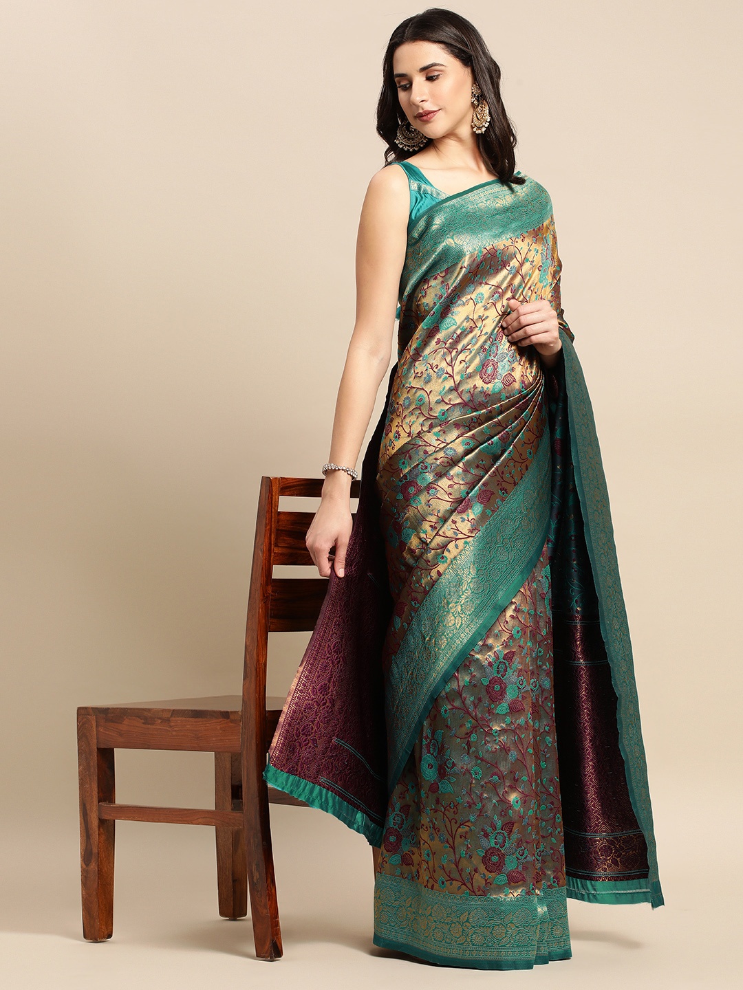 

HERE&NOW Blue & Golden Ethnic Motifs Silk Blend Saree