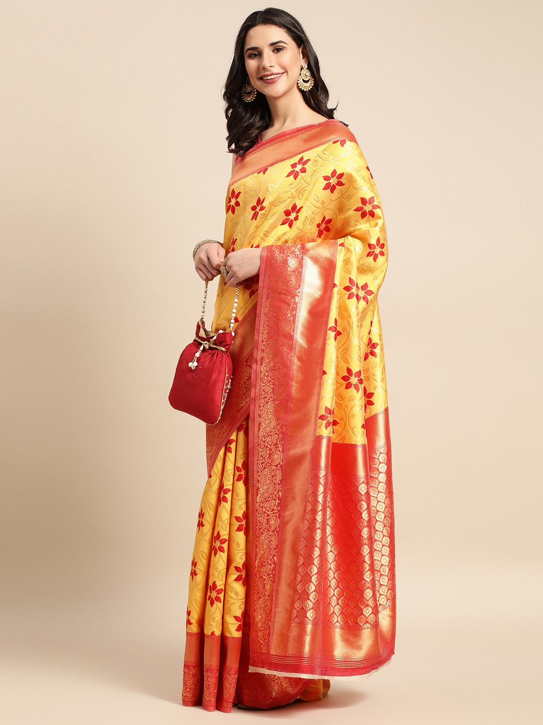 

HERE&NOW Yellow & Pink Ethnic Motifs Silk Blend Saree