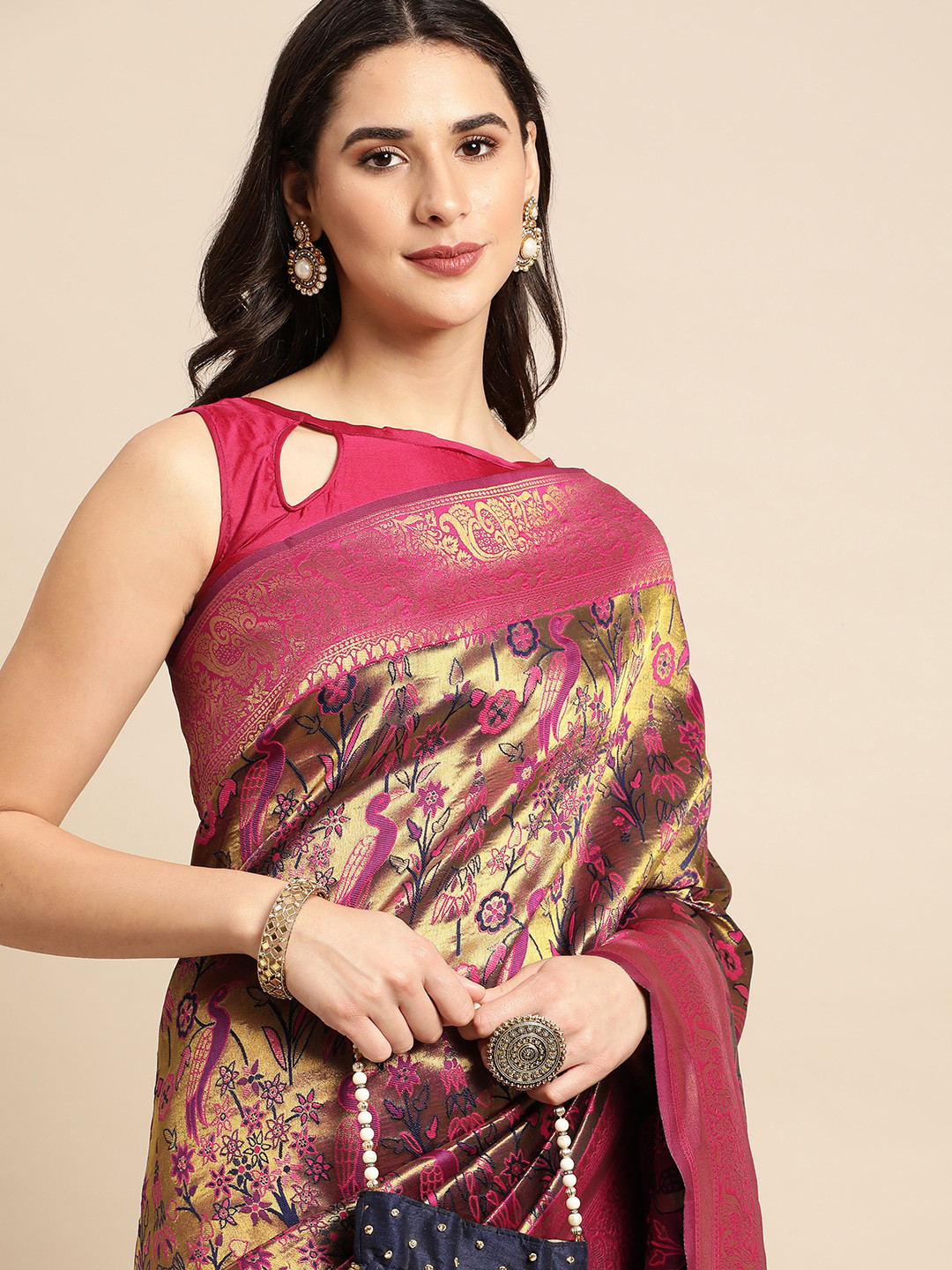 

HERE&NOW Pink & Purple Ethnic Motifs Silk Blend Saree