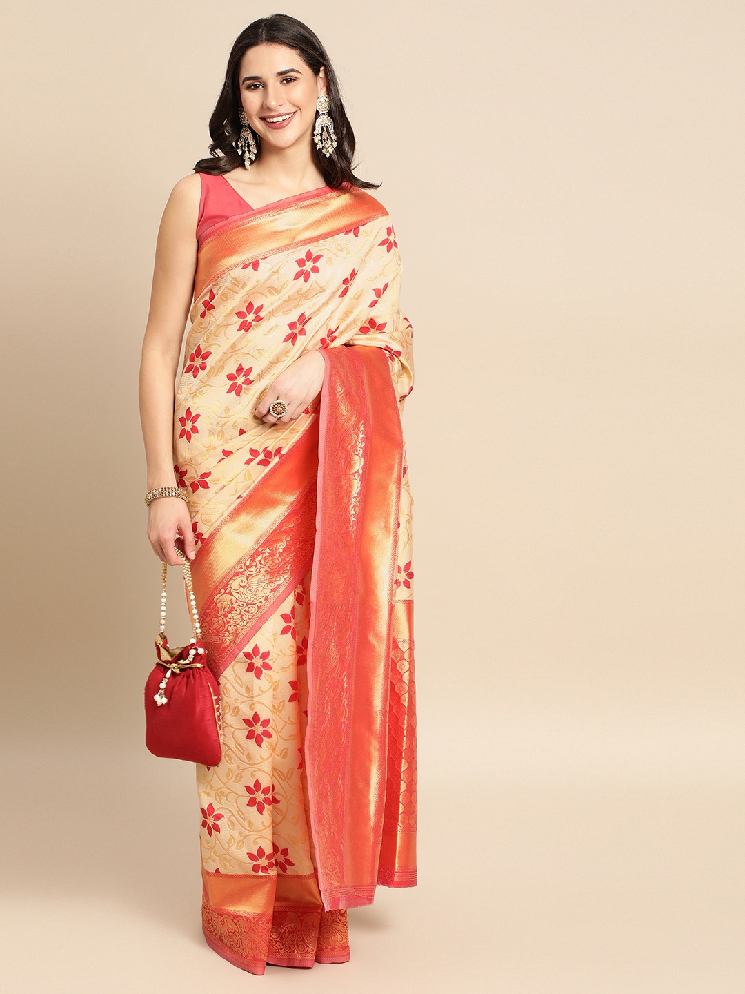 

HERE&NOW Cream-Coloured & Pink Ethnic Motifs Silk Blend Saree