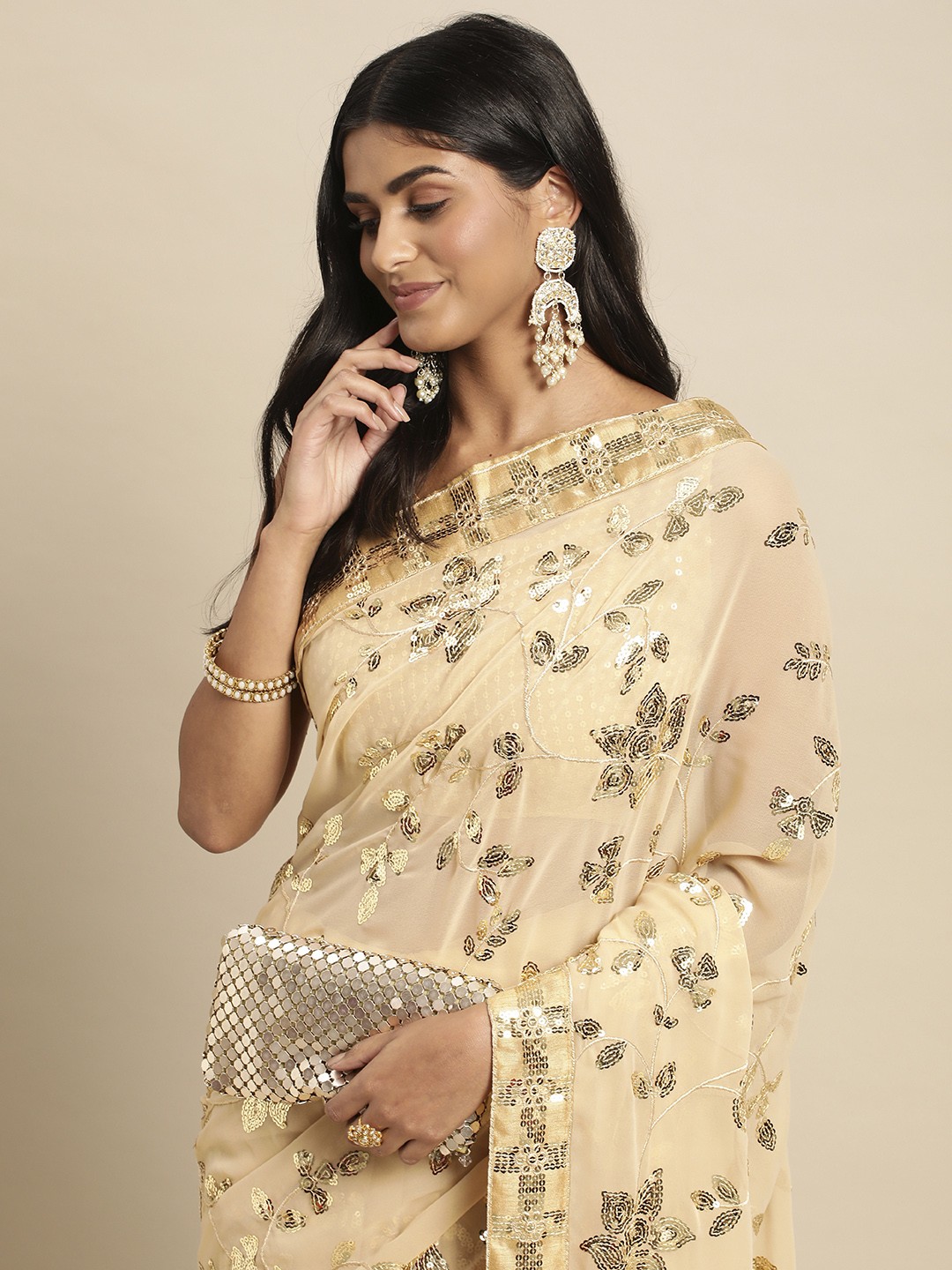 

HERE&NOW Floral Sequinned Saree, Cream
