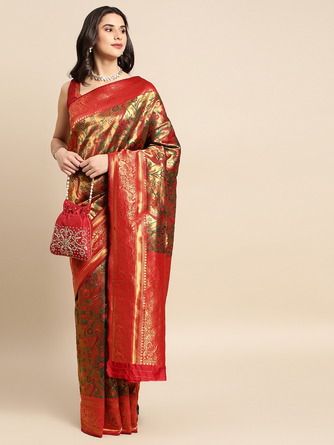 

HERE&NOW Red & Golden Ethnic Motifs Silk Blend Saree
