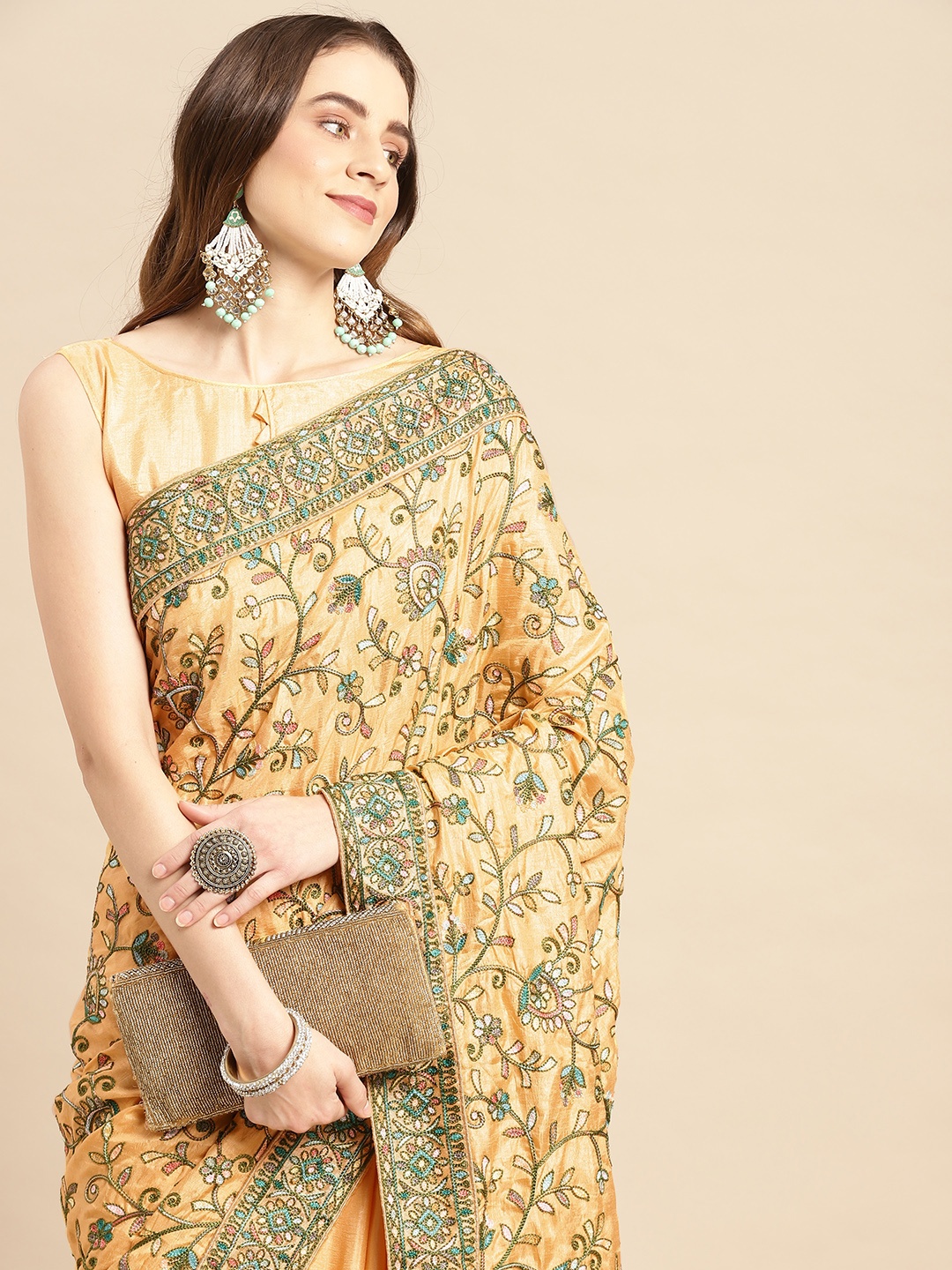 

HERE&NOW Floral Embroidered Silk Blend Saree, Yellow