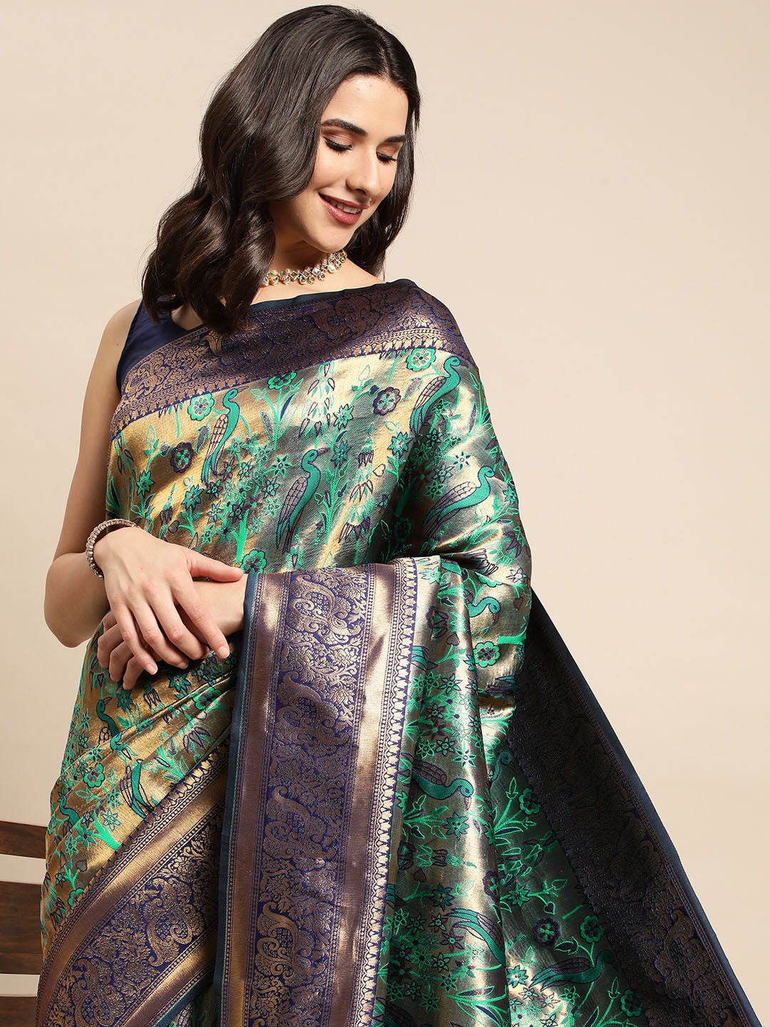 

HERE&NOW Blue & Golden Ethnic Motifs Silk Blend Saree