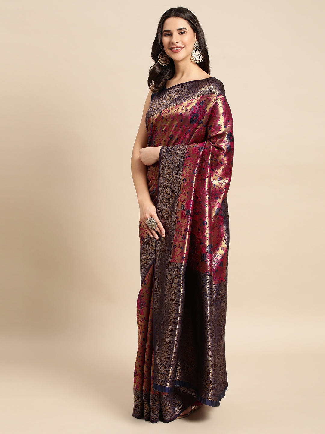 

HERE&NOW Coppen-Toned & Pink Floral Silk Blend Saree, Copper