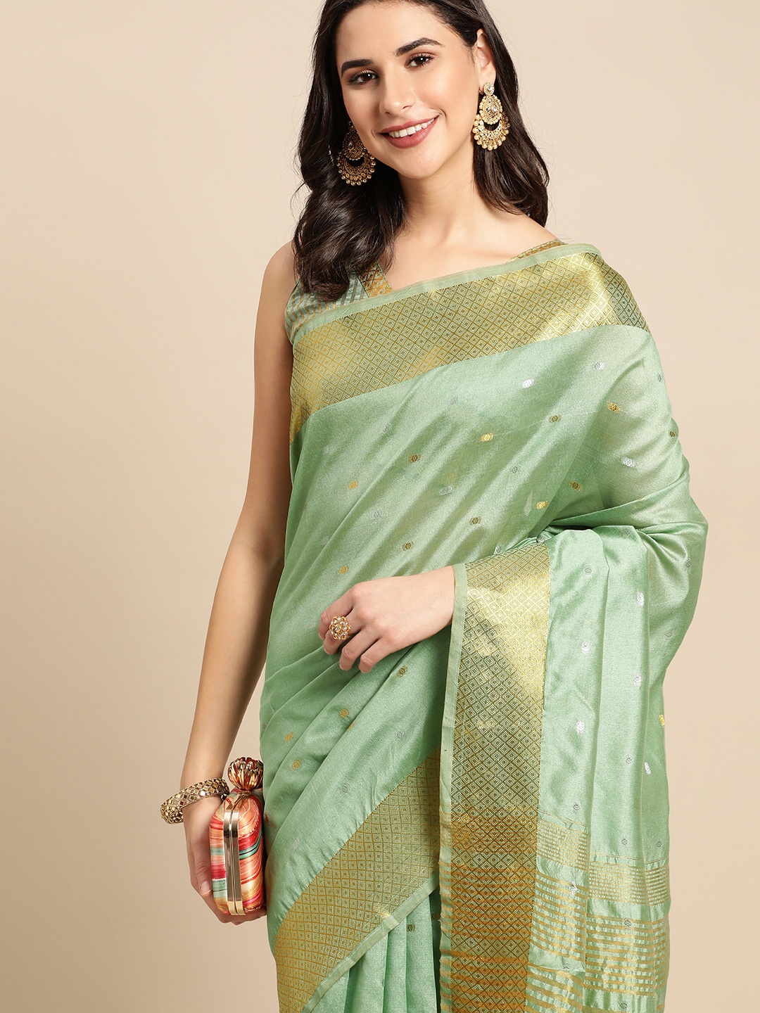 

HERE&NOW Green & Golden Ethnic Motifs Silk Blend Saree