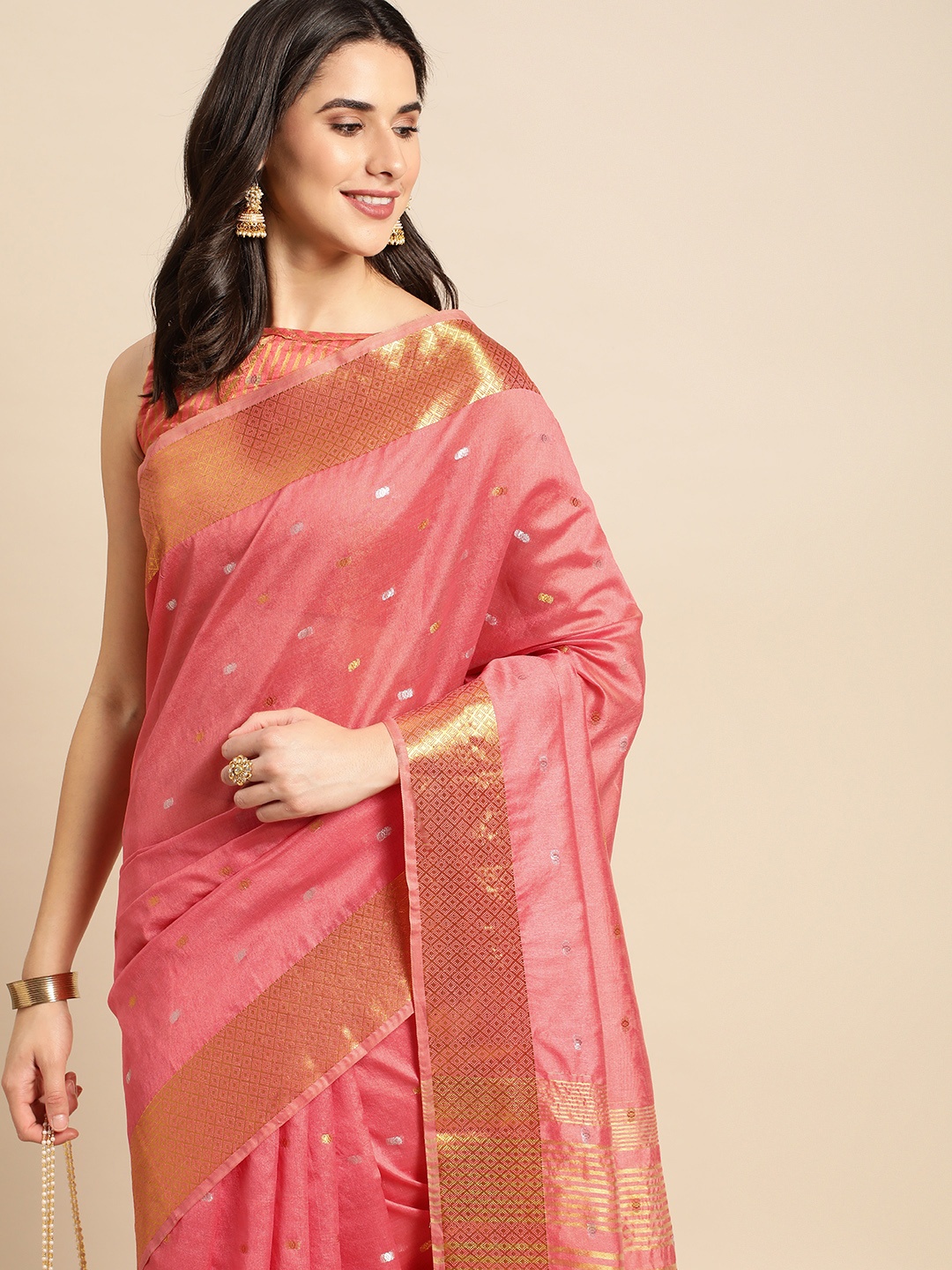 

HERE&NOW Rose Gold Ethnic Motifs Silk Blend Saree