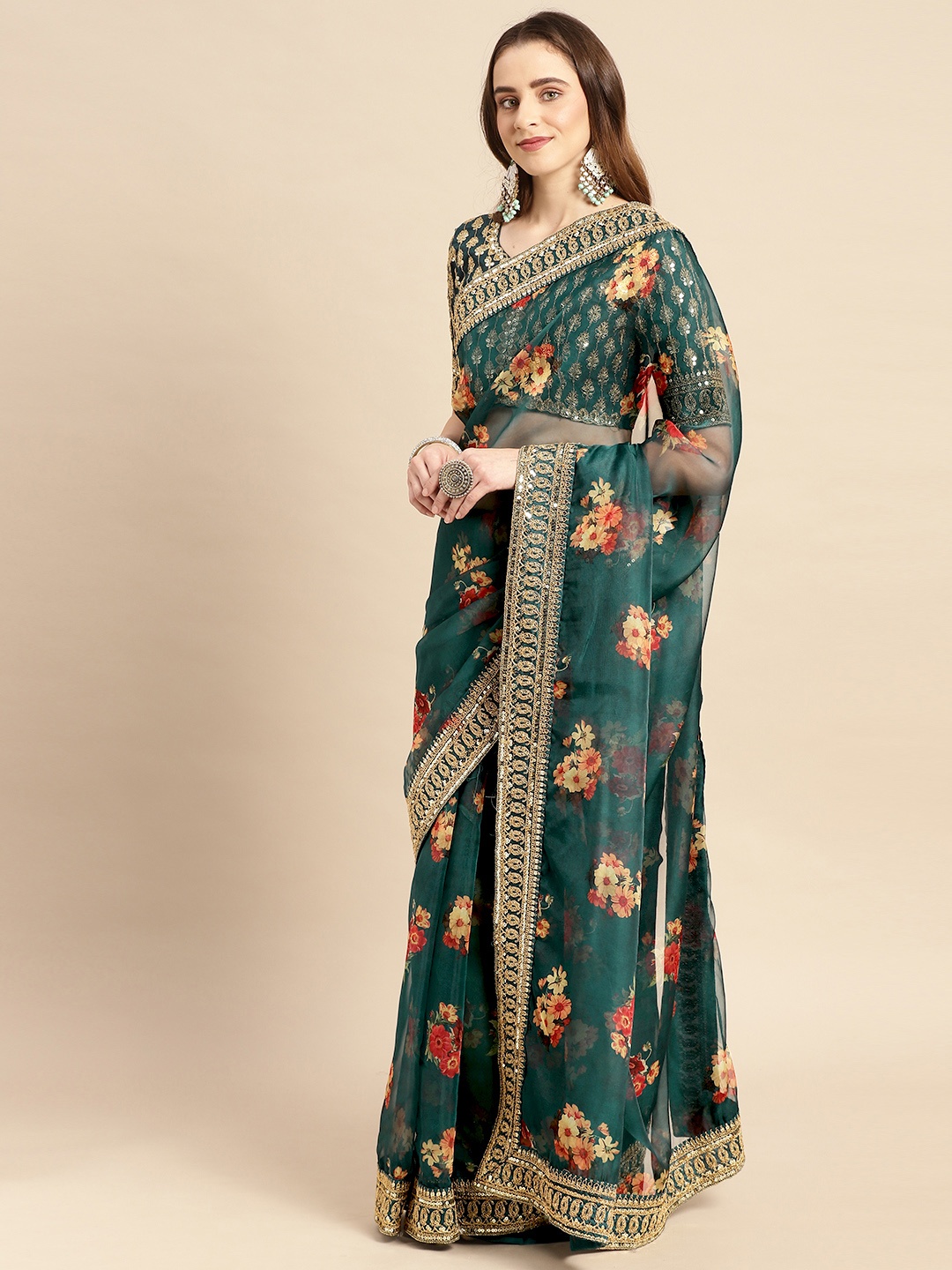 

HERE&NOW Floral Embroidered Organza Saree, Teal