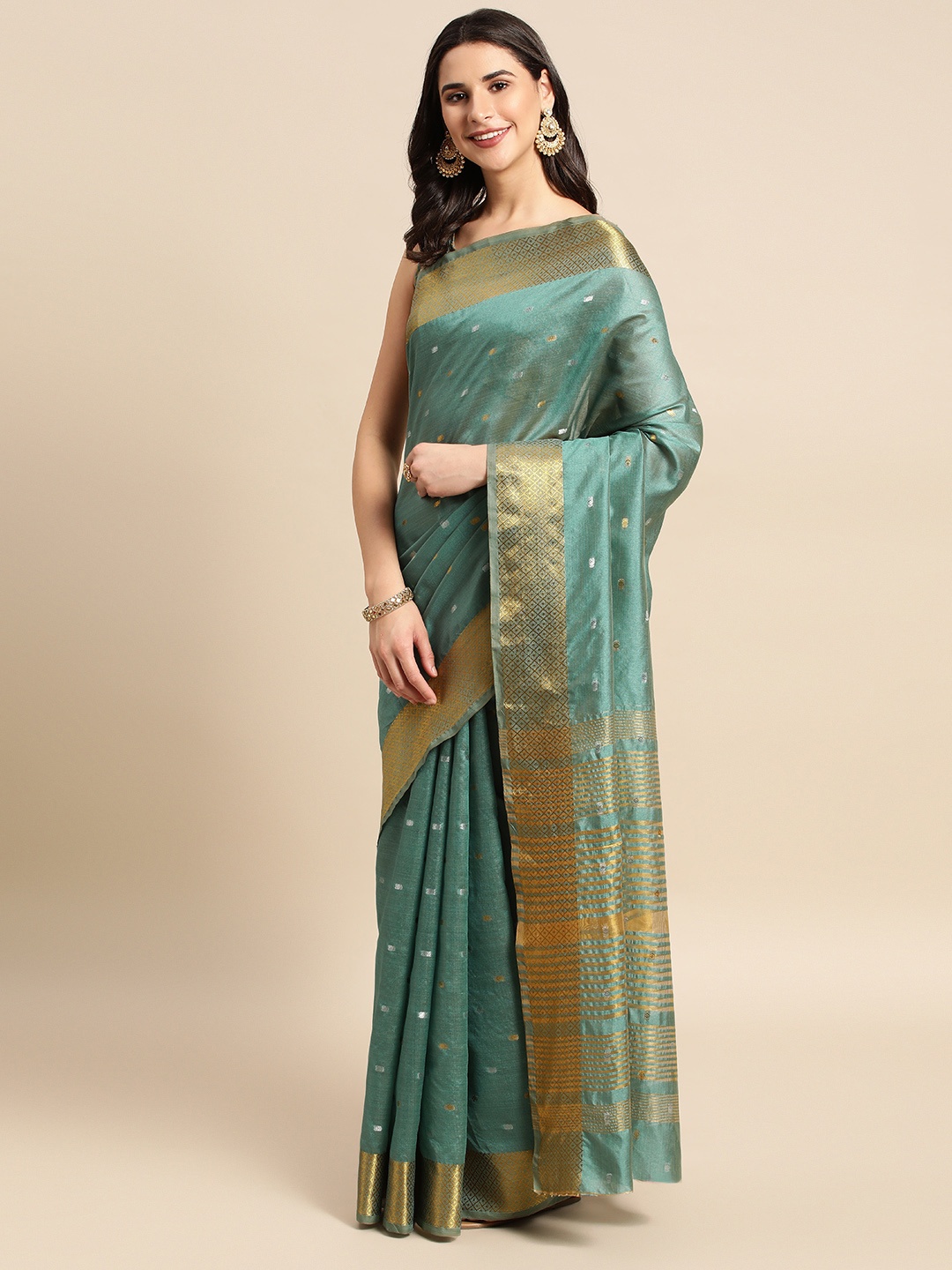 

HERE&NOW Blue & Golden Ethnic Motifs Silk Blend Saree