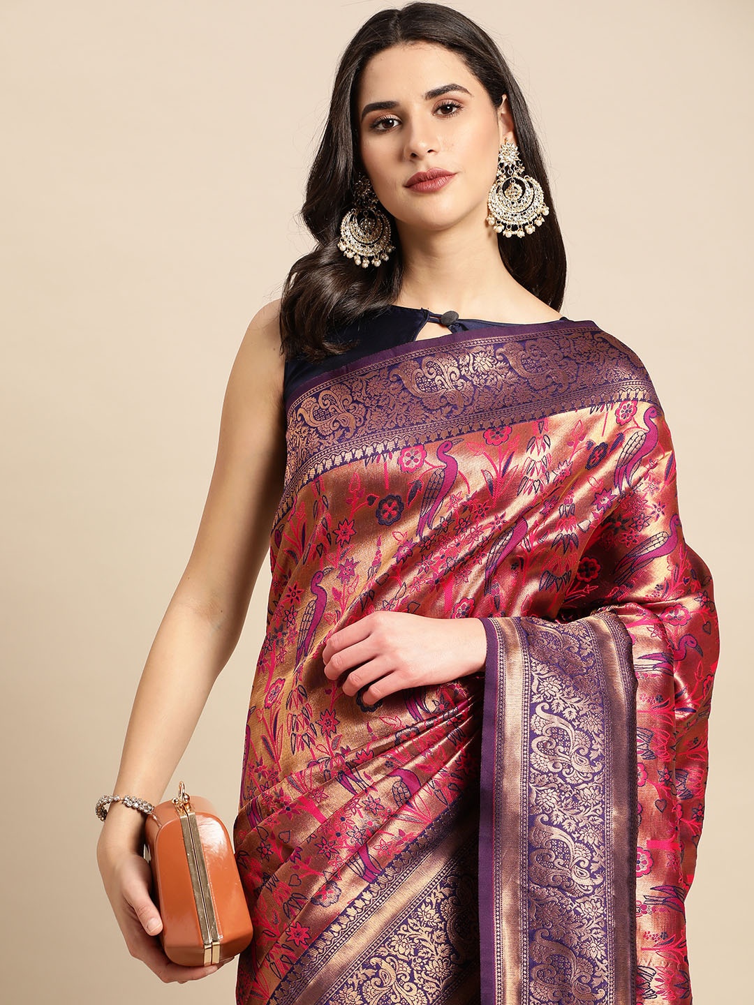 

HERE&NOW Purple & Pink Ethnic Motifs Silk Blend Saree