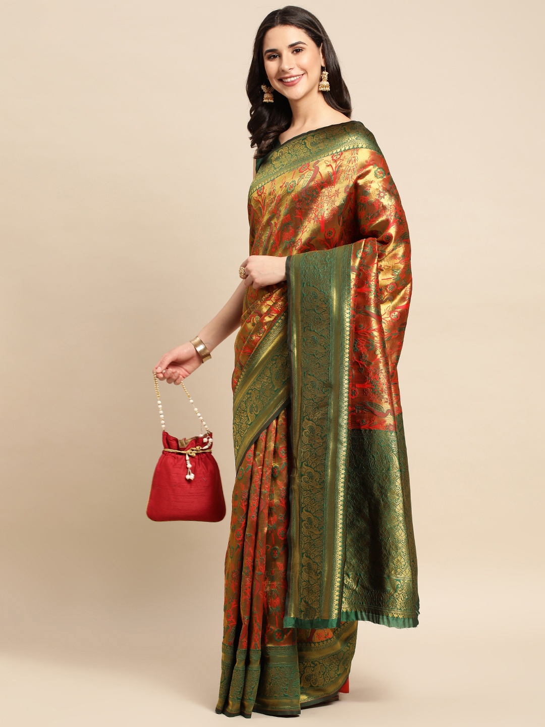 

HERE&NOW Green & Orange Ethnic Motifs Silk Blend Saree