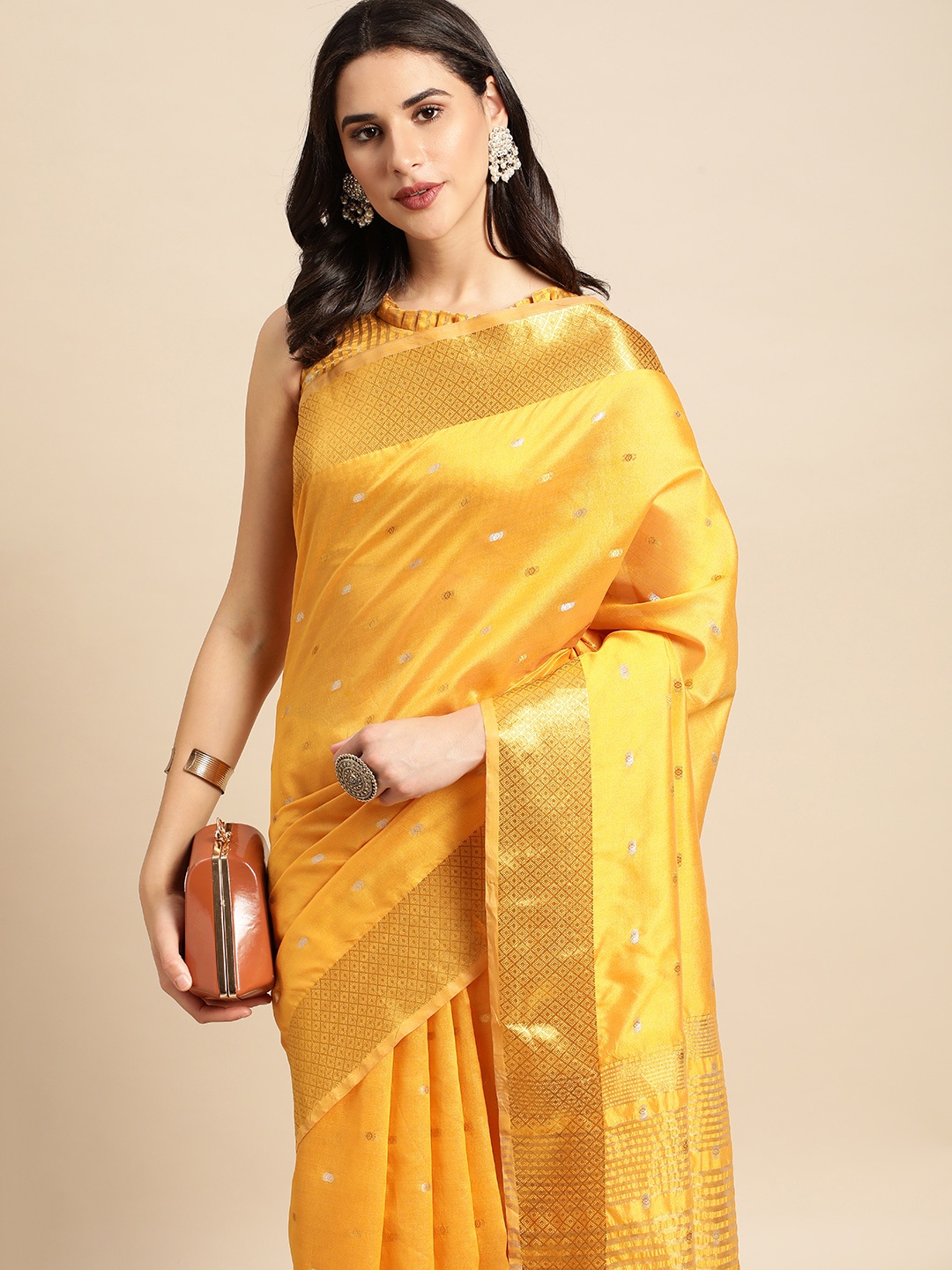 

HERE&NOW Yellow & Golden Ethnic Motifs Silk Blend Saree