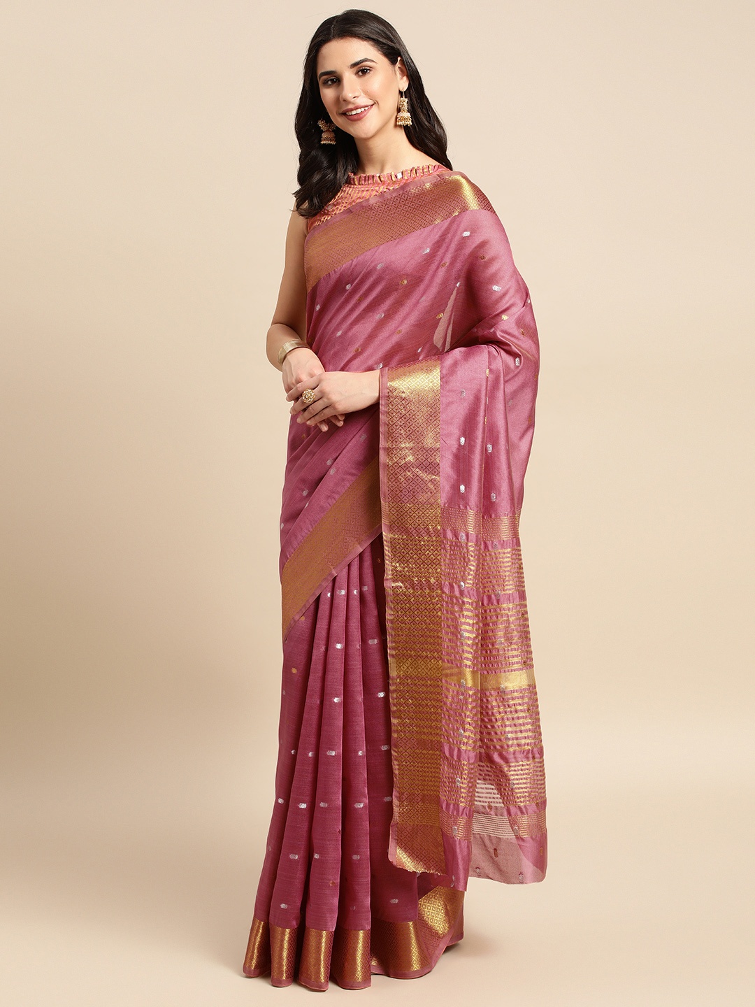 

HERE&NOW Dusty Pink & Golden Ethnic Motifs Silk Blend Saree, Rose