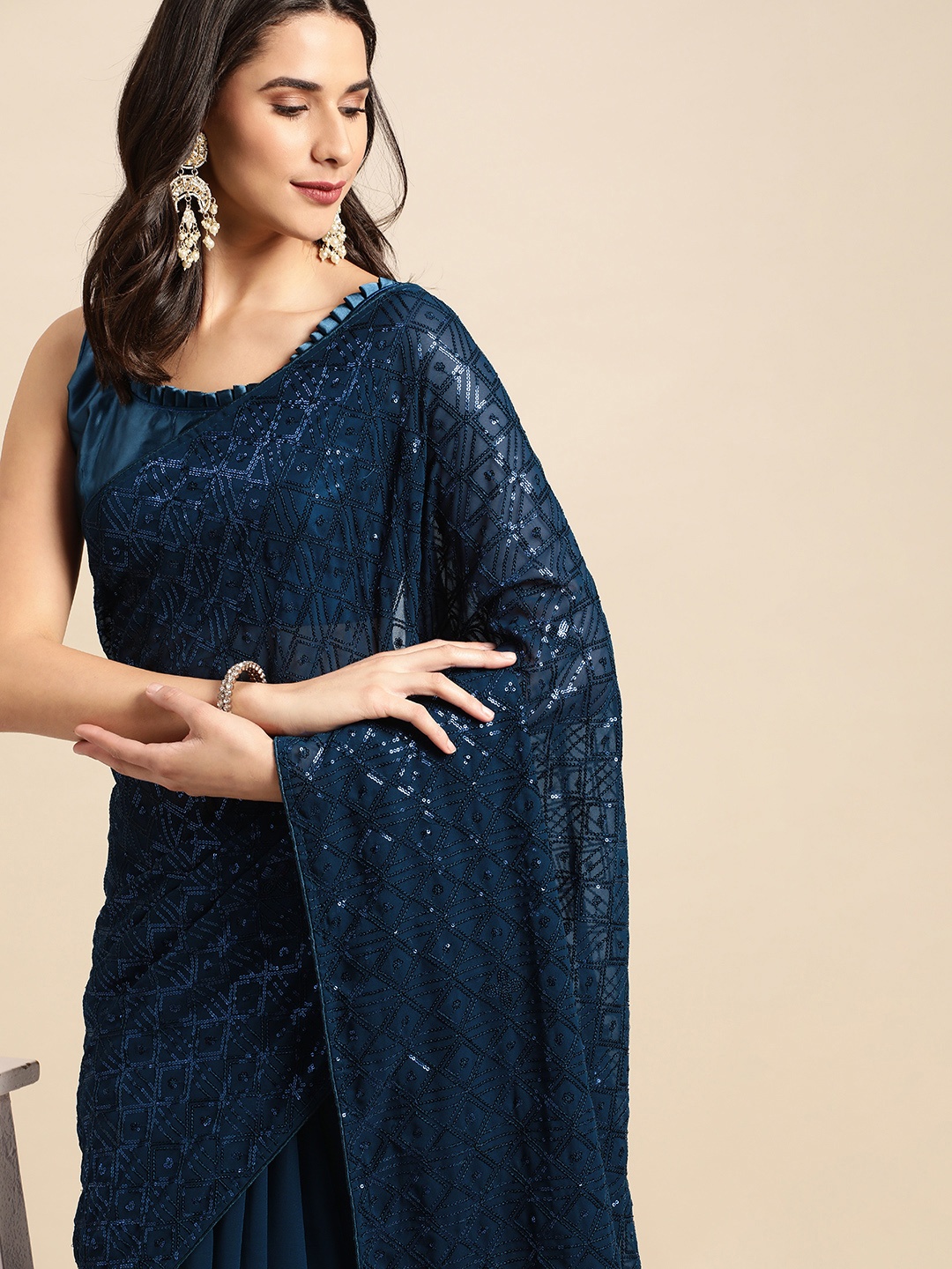 

HERE&NOW Blue Checked Sequinned Saree