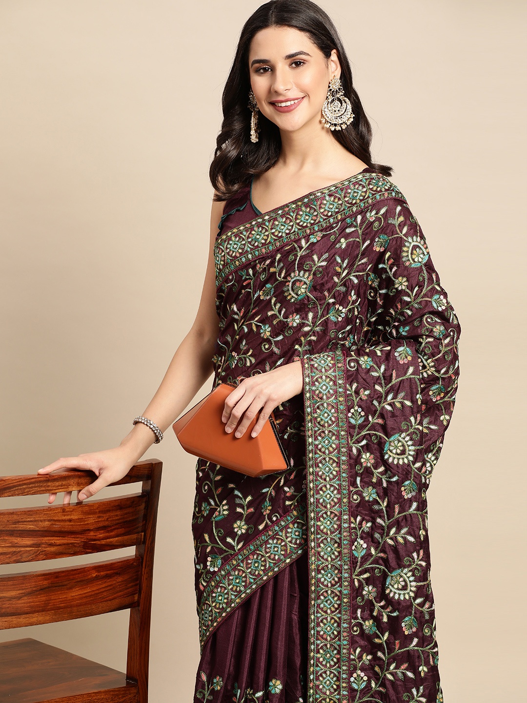 

HERE&NOW Purple & Green Ethnic Motifs Silk Blend Saree