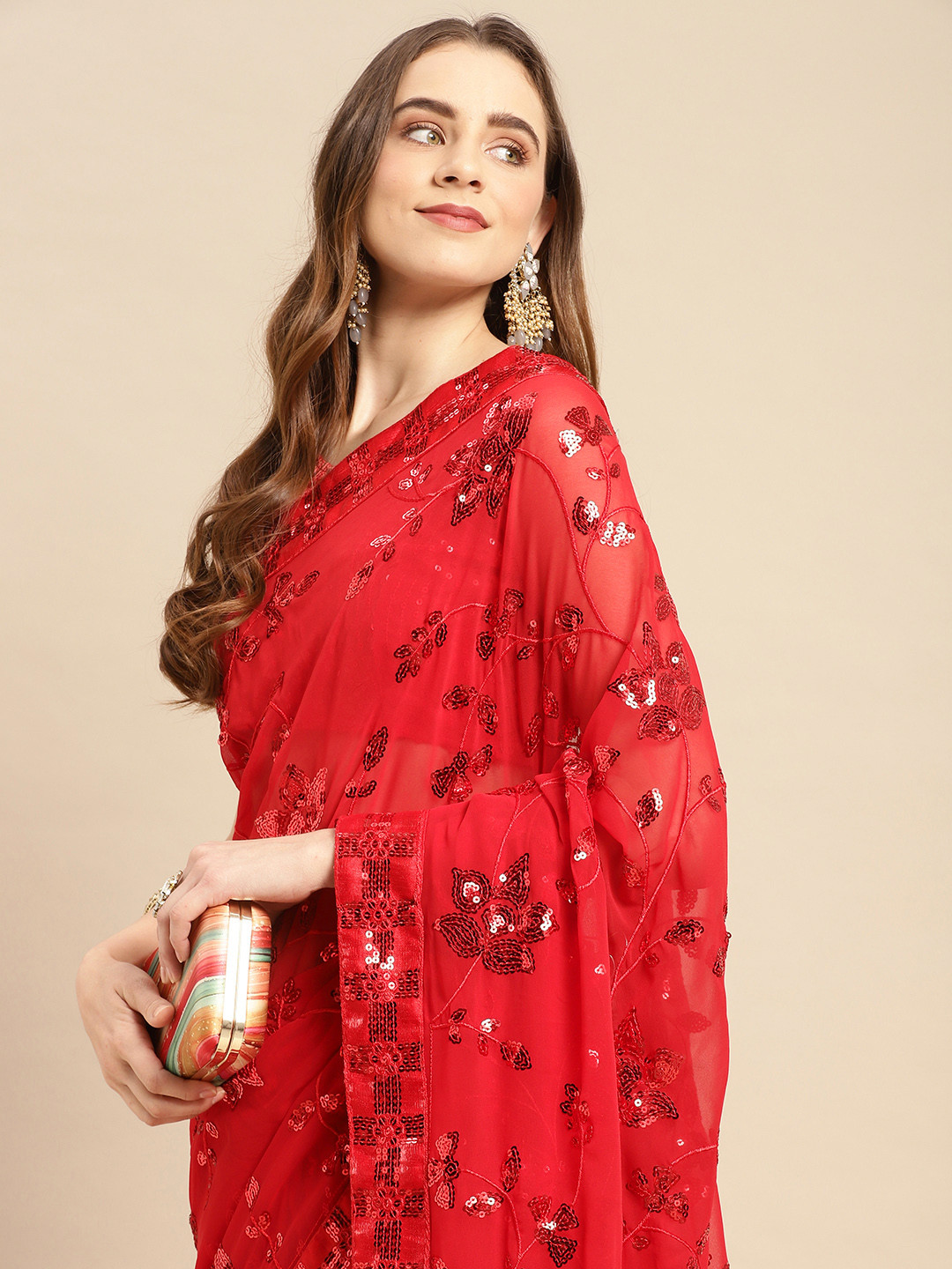 

HERE&NOW Floral Sequinned Saree, Red
