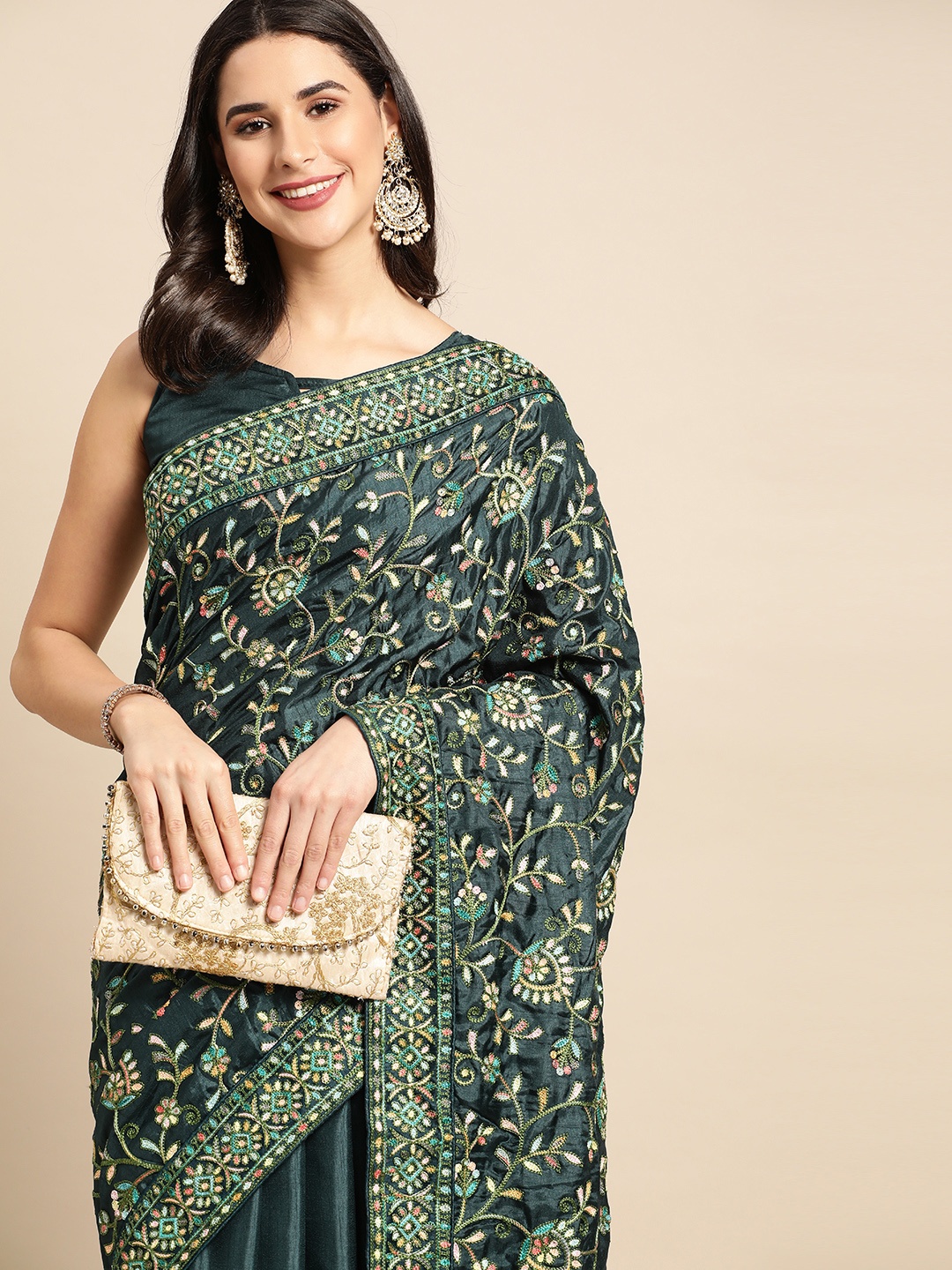 

HERE&NOW Teal Green Ethnic Motifs Silk Blend Saree