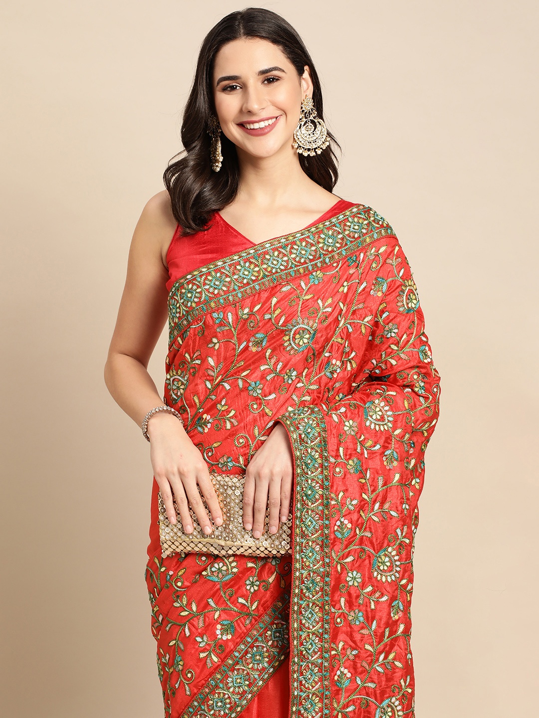

HERE&NOW Red & Blue Ethnic Motifs Silk Blend Saree