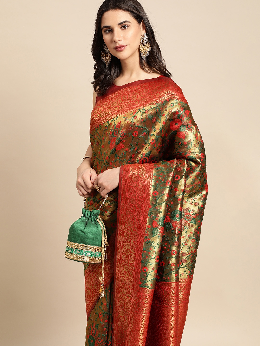 

HERE&NOW Golden & Red Ethnic Motifs Silk Blend Saree, Gold