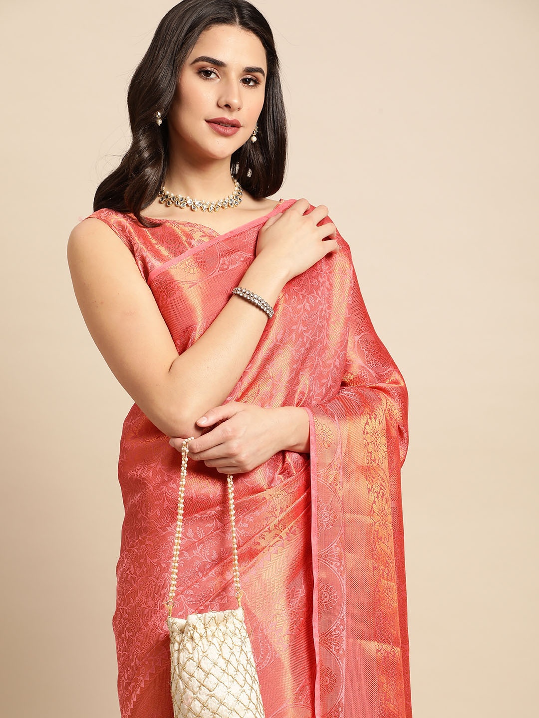 

HERE&NOW Rose Gold Ethnic Motifs Saree