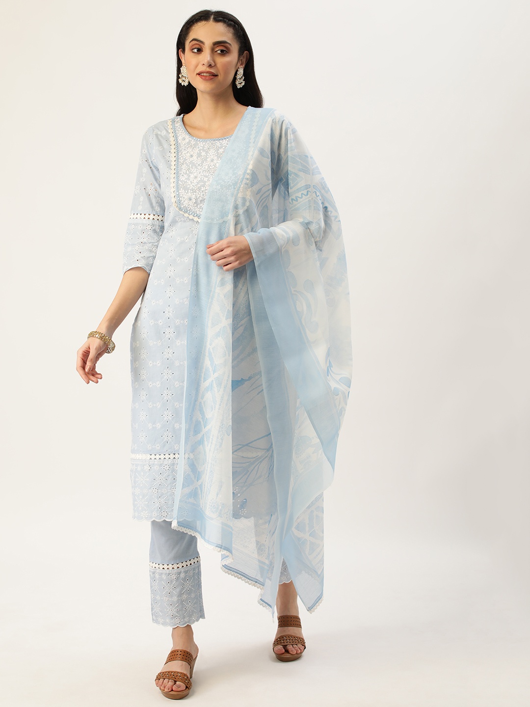 

HEEPOSH Blue & White Embroidered Pure Cotton Kurta with Trousers & Dupatta