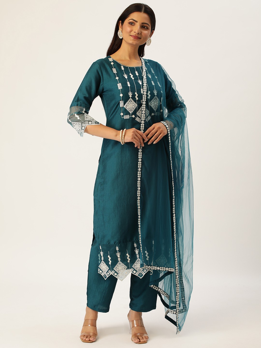 

HEEPOSH Teal Blue & White Embroidered Kurta with Trousers & Dupatta