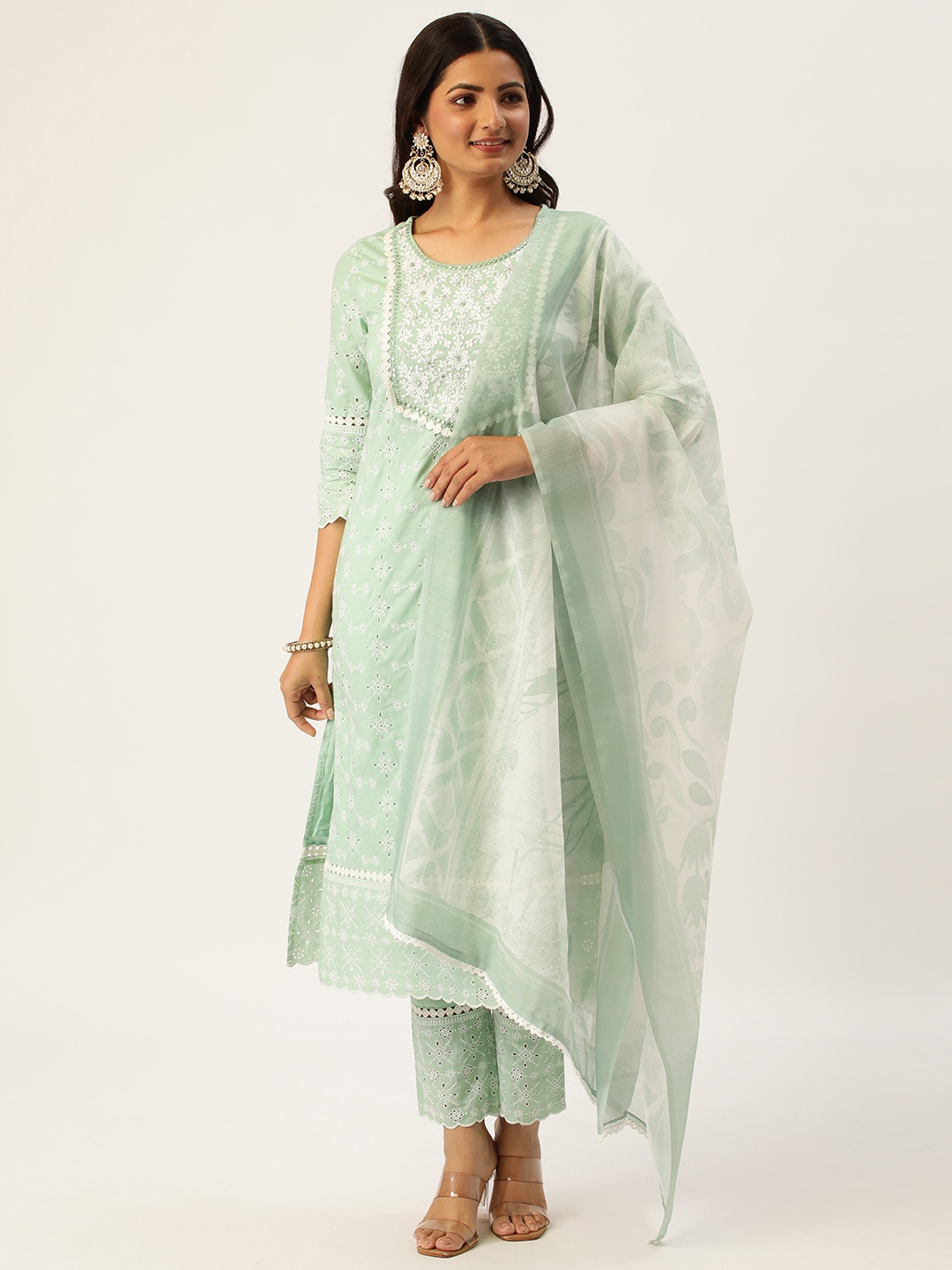 

HEEPOSH Mint Green & White Embroidered Pure Cotton Kurta with Trousers & Dupatta