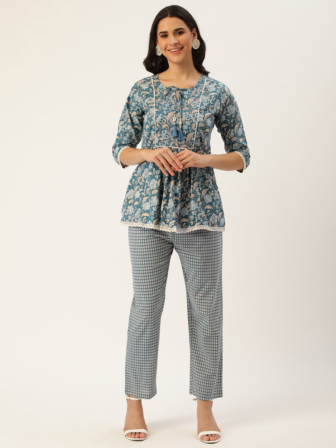 

HEEPOSH Teal Blue & White Embroidered Pure Cotton Kurti with Trousers