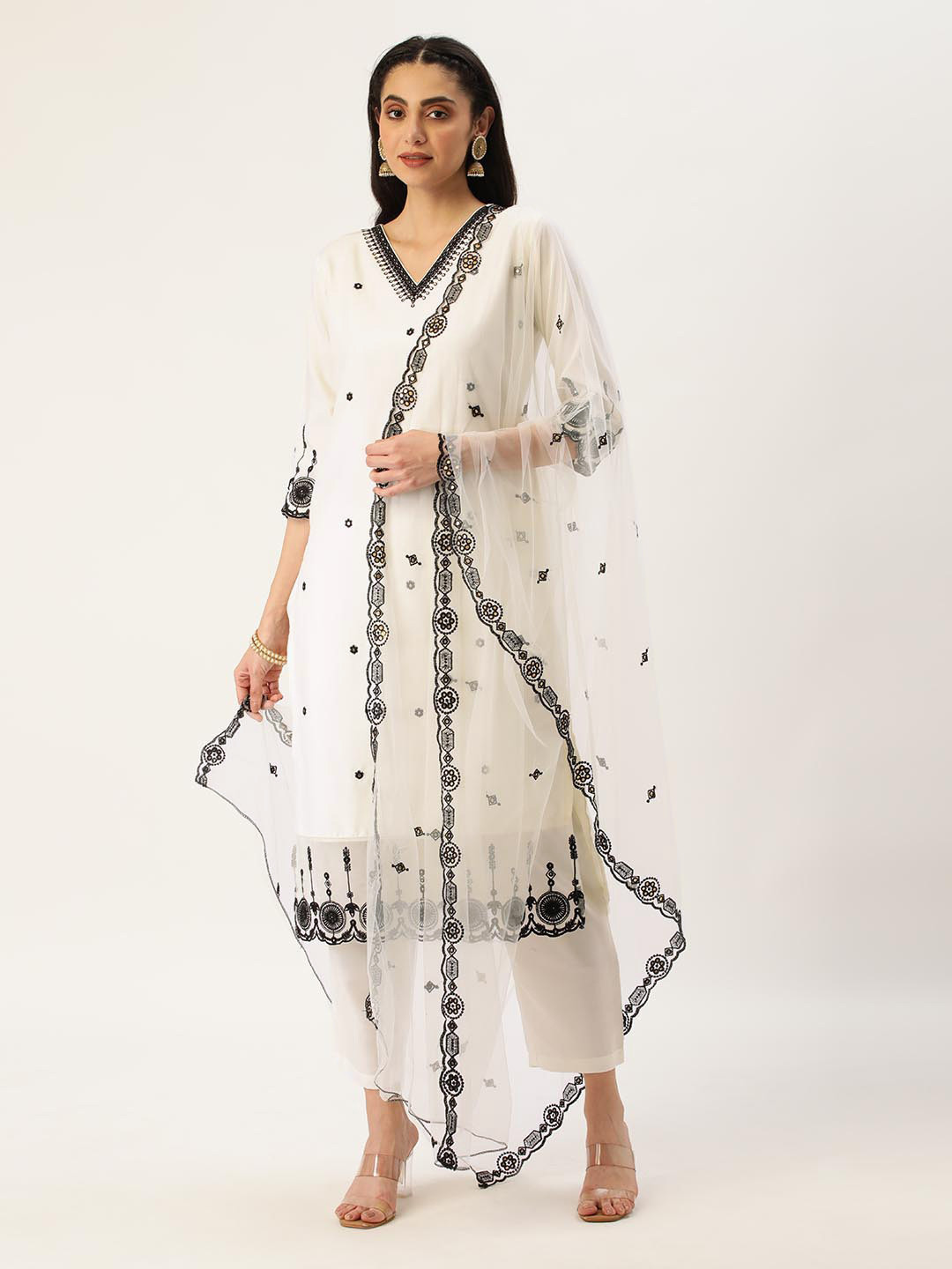 

HEEPOSH White & Black Embroidered Kurta with Trousers & Dupatta