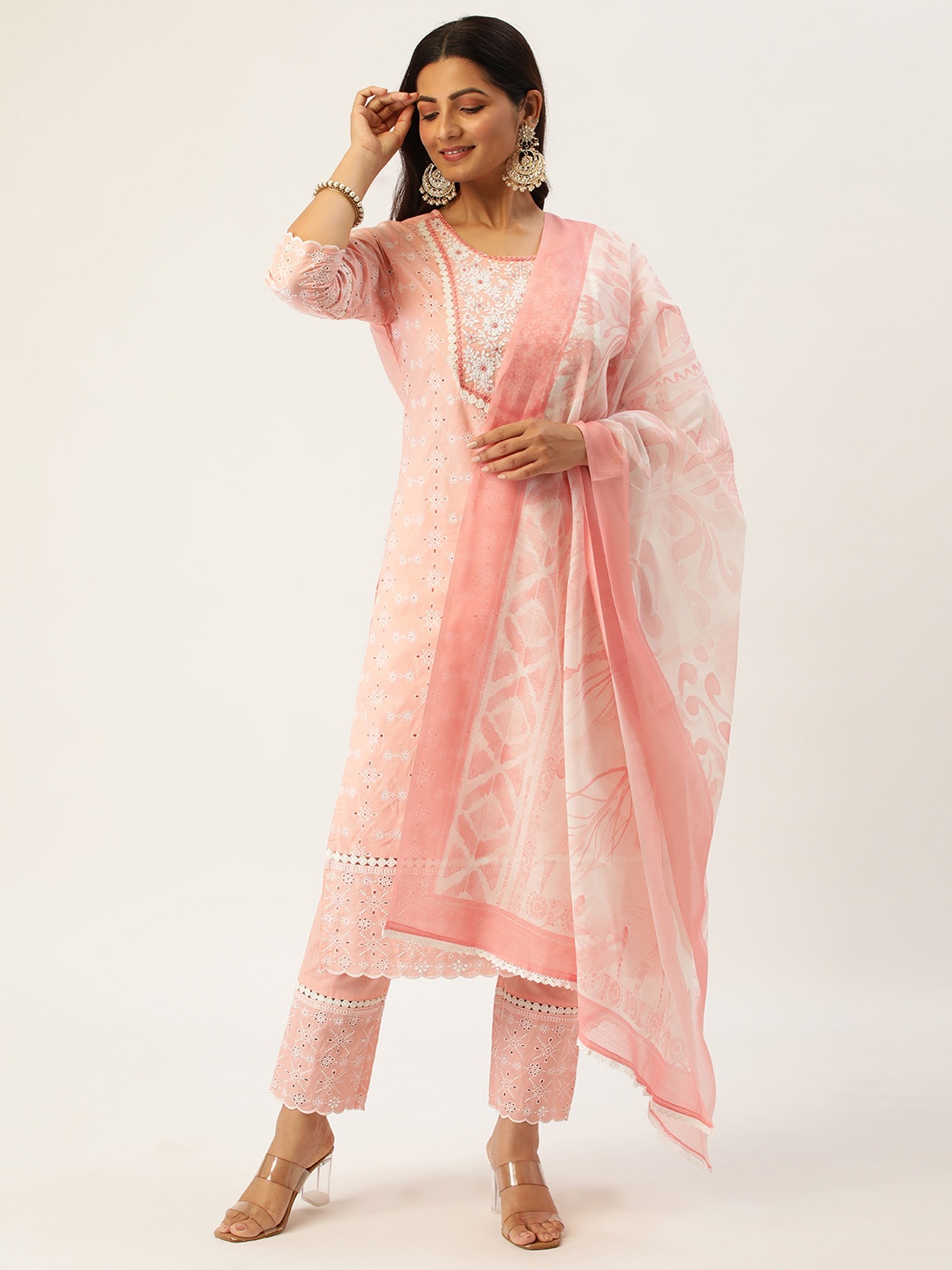 

HEEPOSH Peach & White Embroidered Pure Cotton Kurta with Trousers & Dupatta