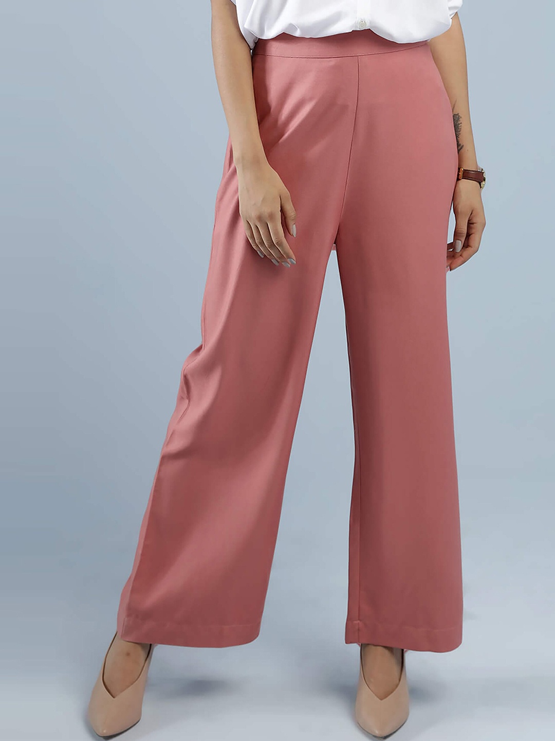 

IDK Women Peach-Coloured Flared High-Rise Trousers