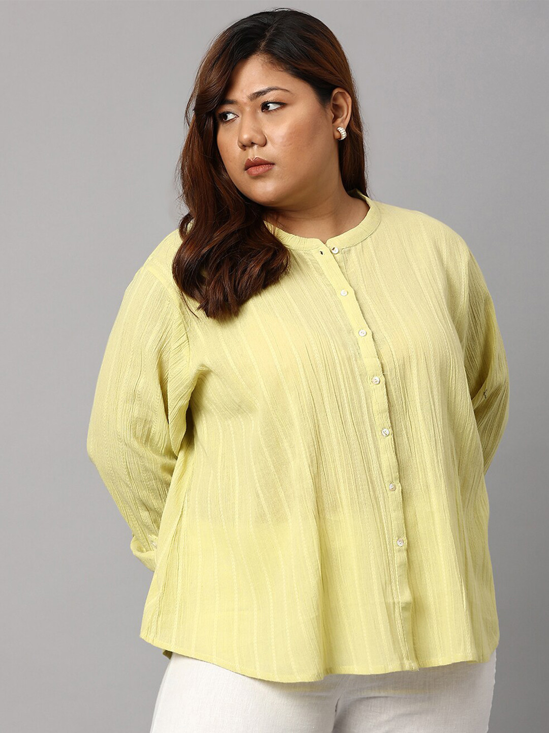 

W Yellow Striped Pure Cotton Mandarin Collar Top