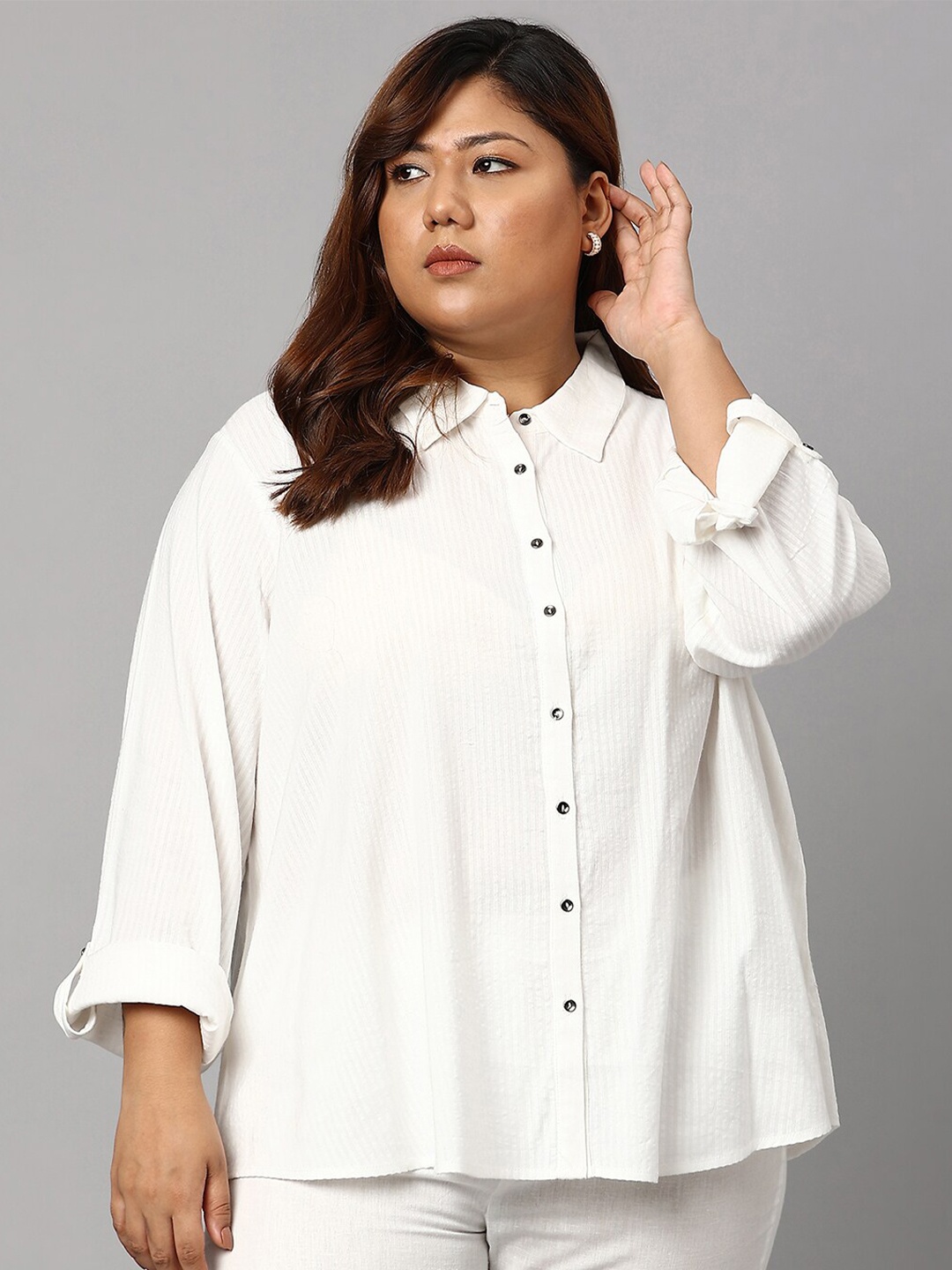 

W Plus Size White Solid Shirt Style Pure Cotton Top