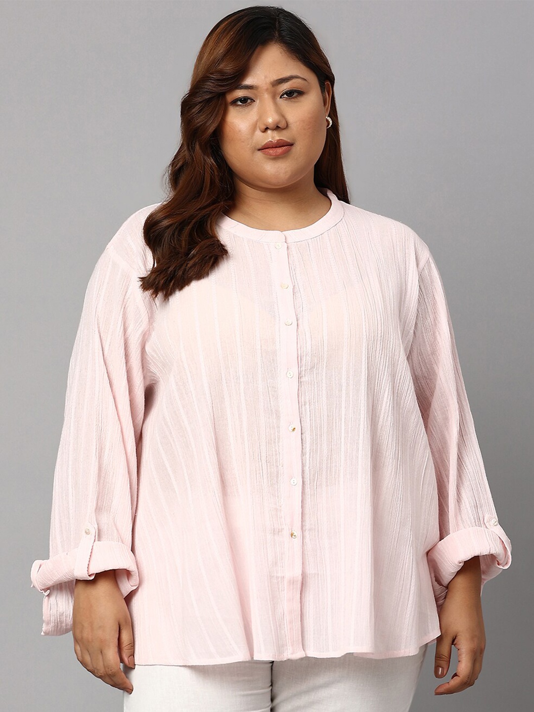 

W Pink Striped Shirt Style Pure Cotton Plus Size Top