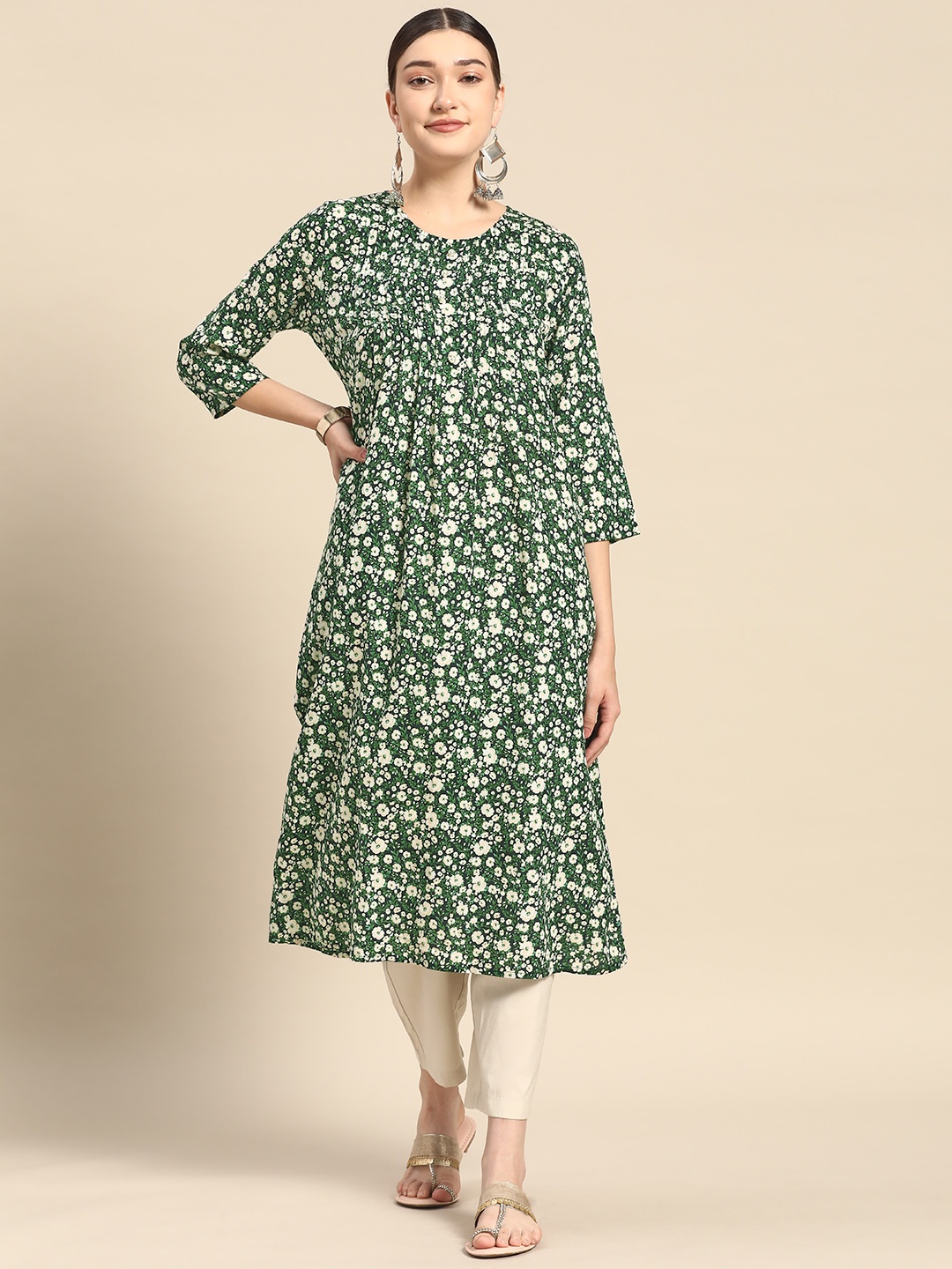 

Sangria Women Green & White Floral Printed A-Line Kurta