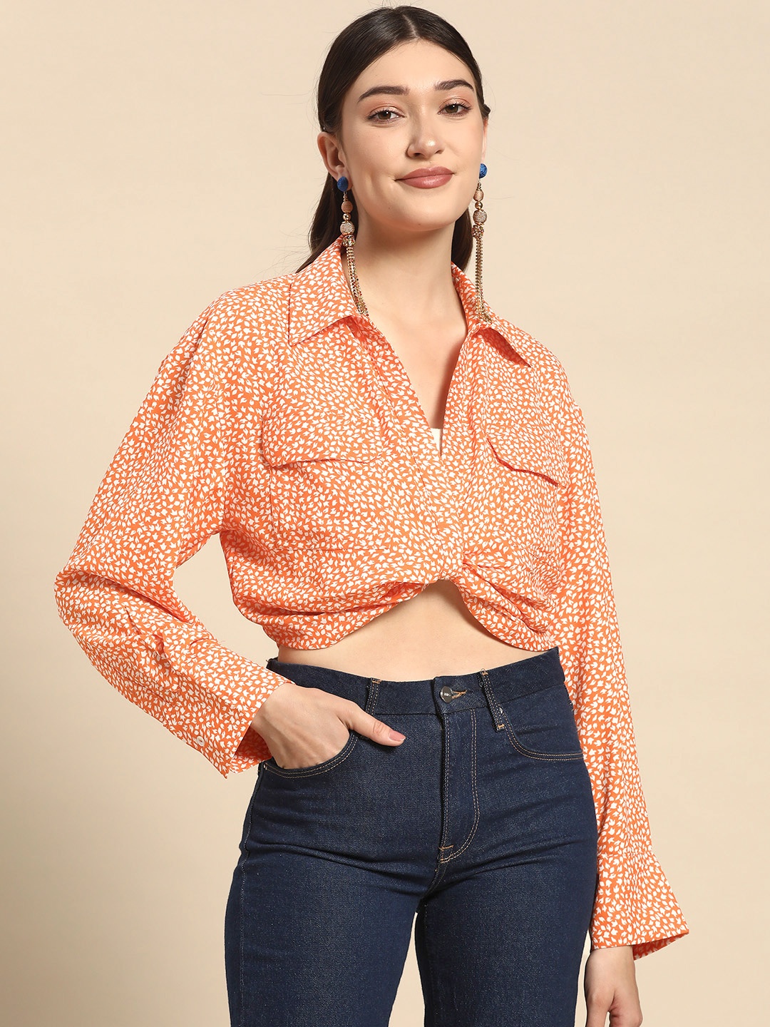 

Sangria Women Orange & White Floral Print Crepe Shirt Style Crop Top