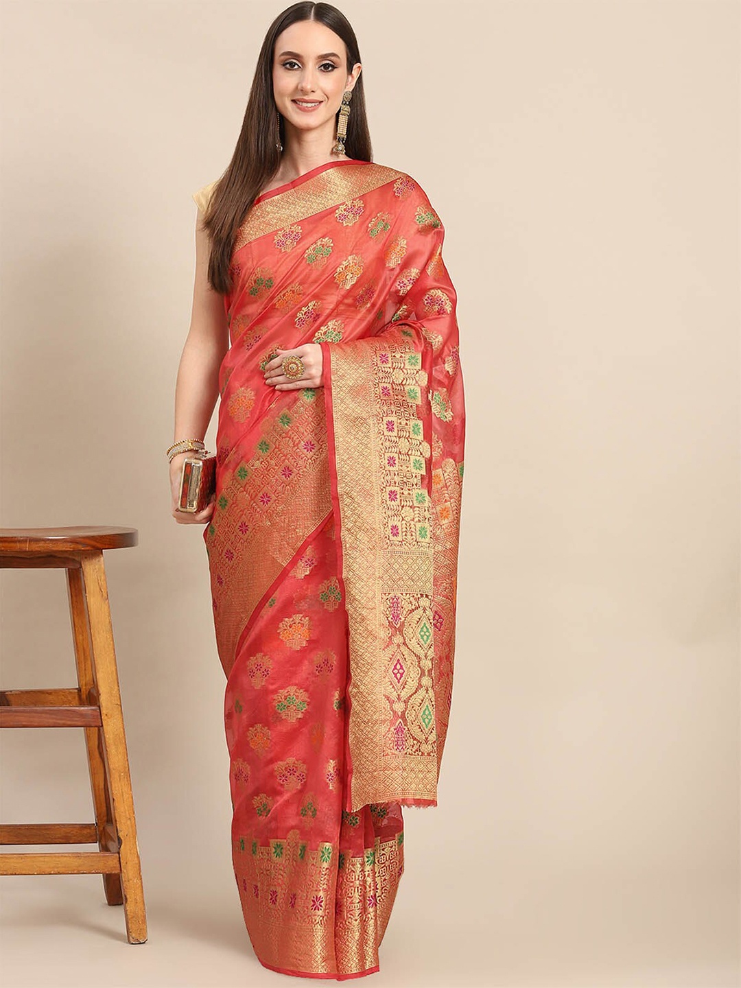 

ODETTE Red & Gold-Toned Ethnic Motifs Zari Organza Saree