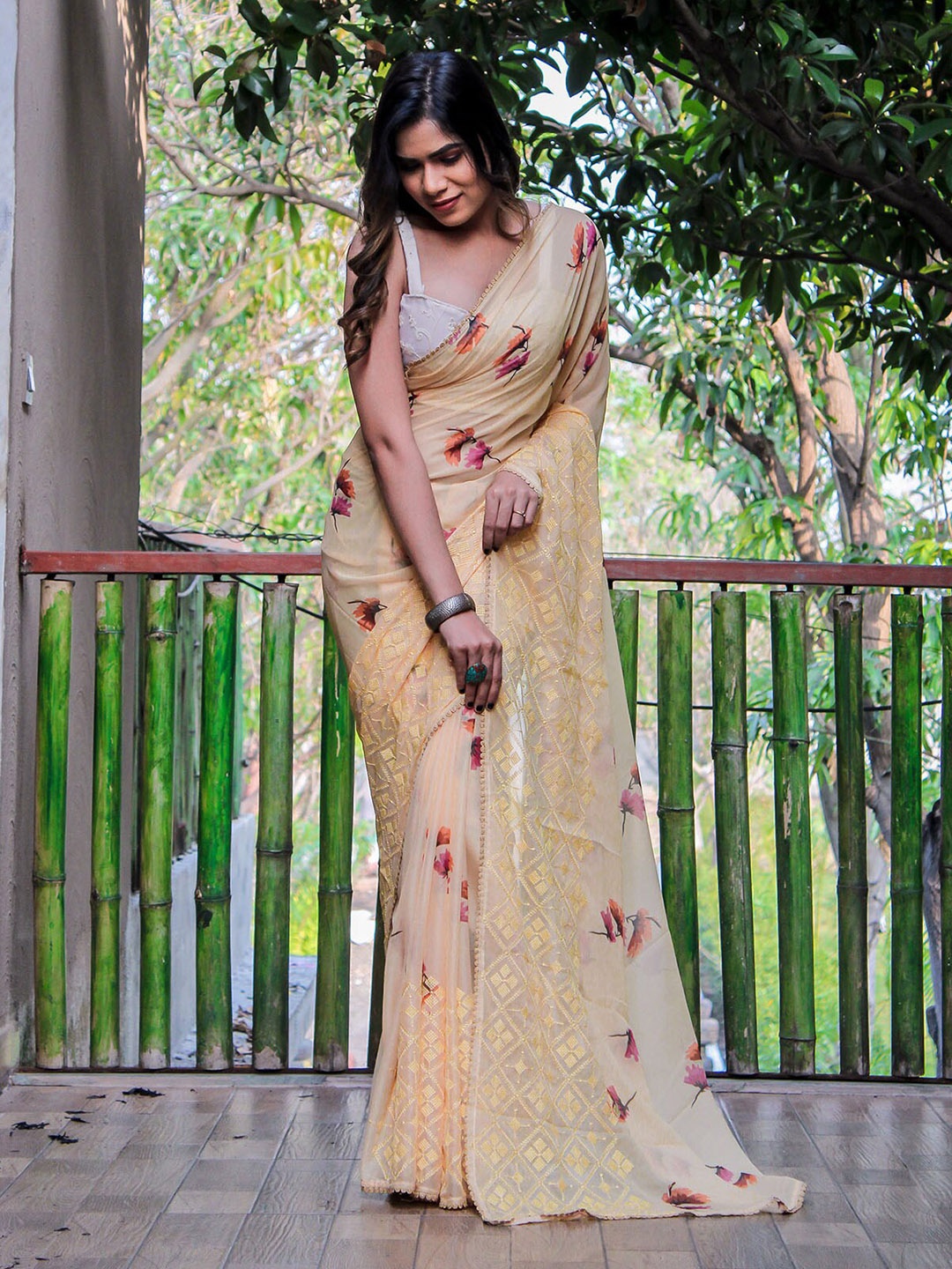 

ODETTE Off White Floral Embroidered Saree