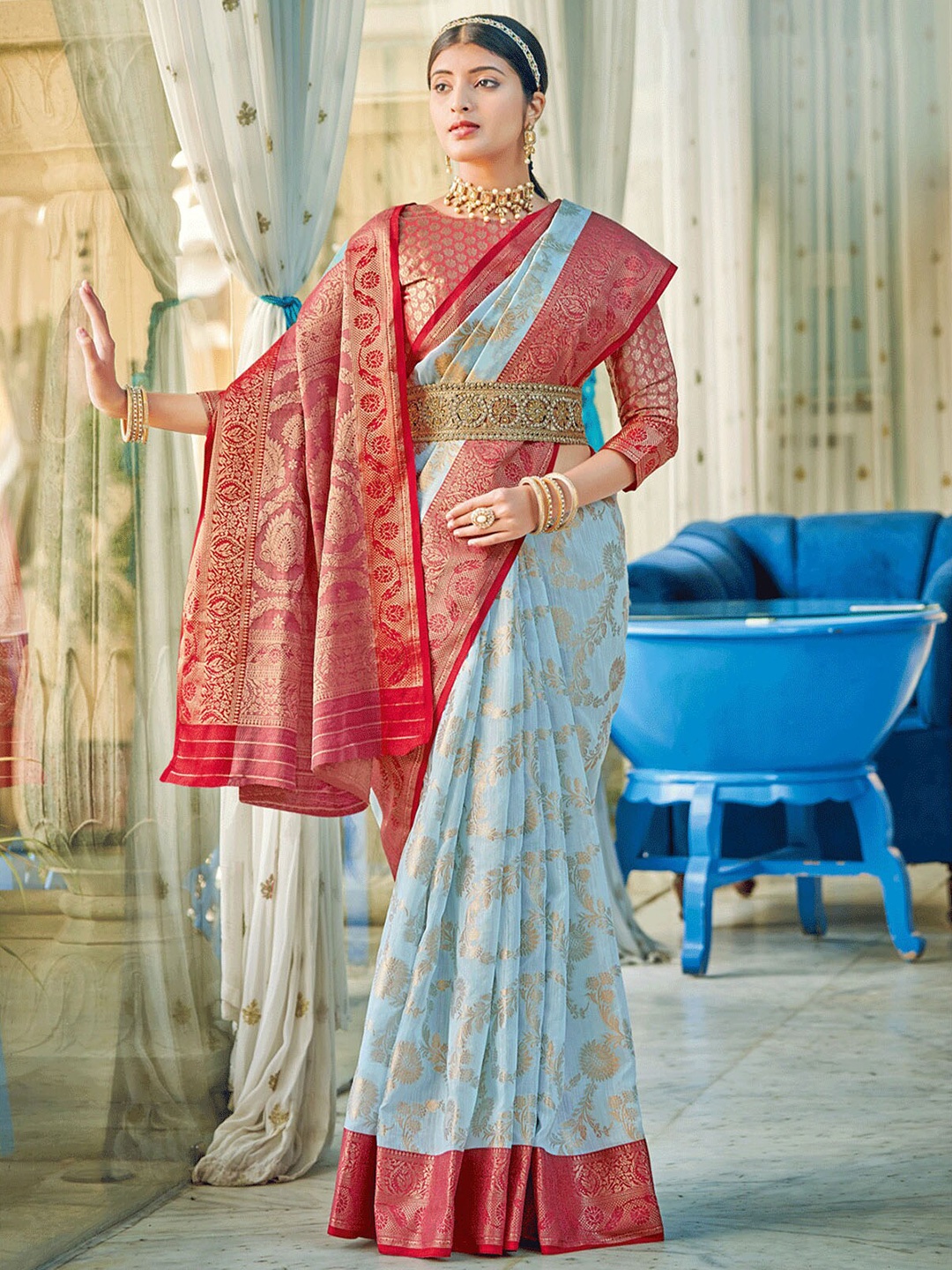 

ODETTE Blue & Red Woven Design Zari Saree