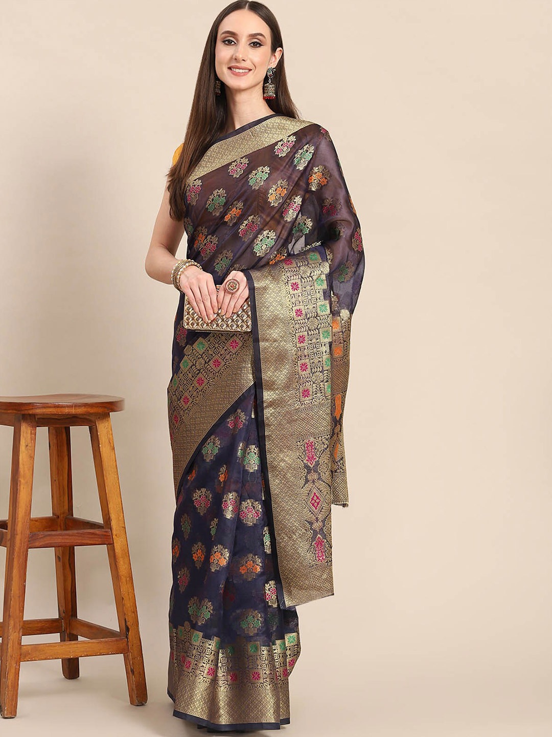 

ODETTE Navy Blue & Gold-Toned Woven Design Zari Organza Saree