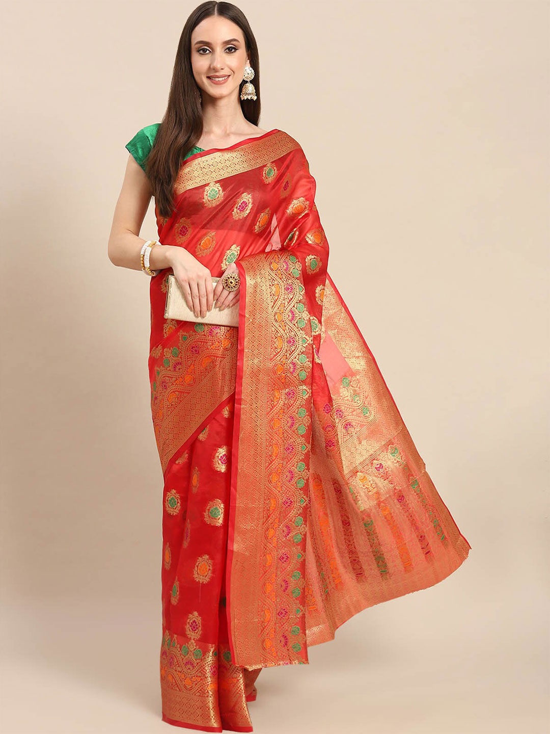 

ODETTE Red & Gold-Toned Woven Design Zari Organza Saree