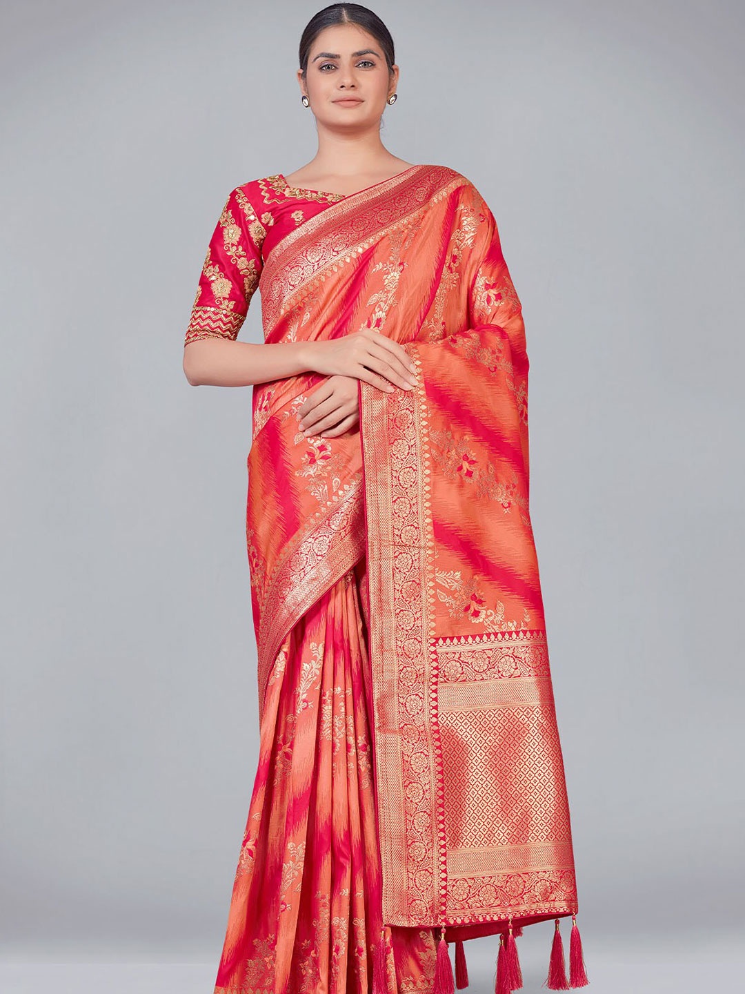 

ODETTE Orange & Red Floral Zari Silk Blend Saree