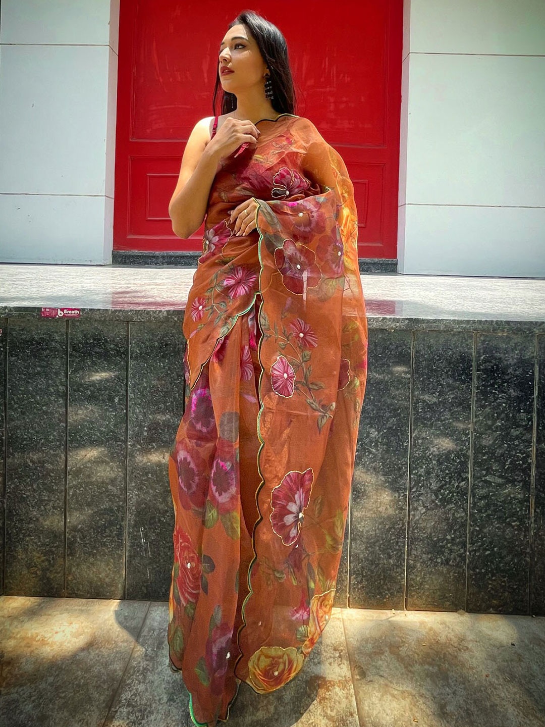 

ODETTE Brown & Pink Floral Embroidered Organza Saree