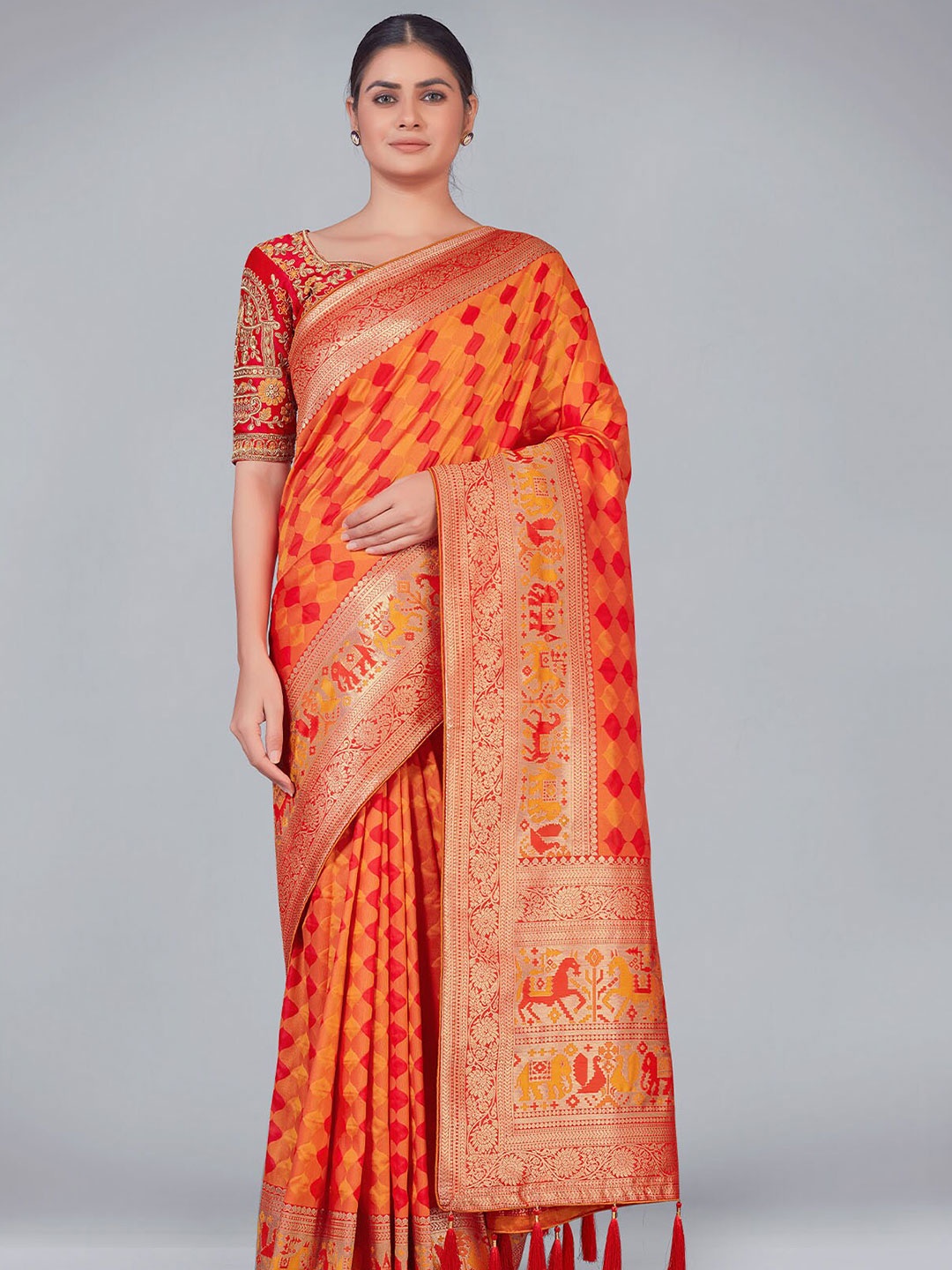

ODETTE Red & Orange Ethnic Motifs Zari Silk Blend Saree
