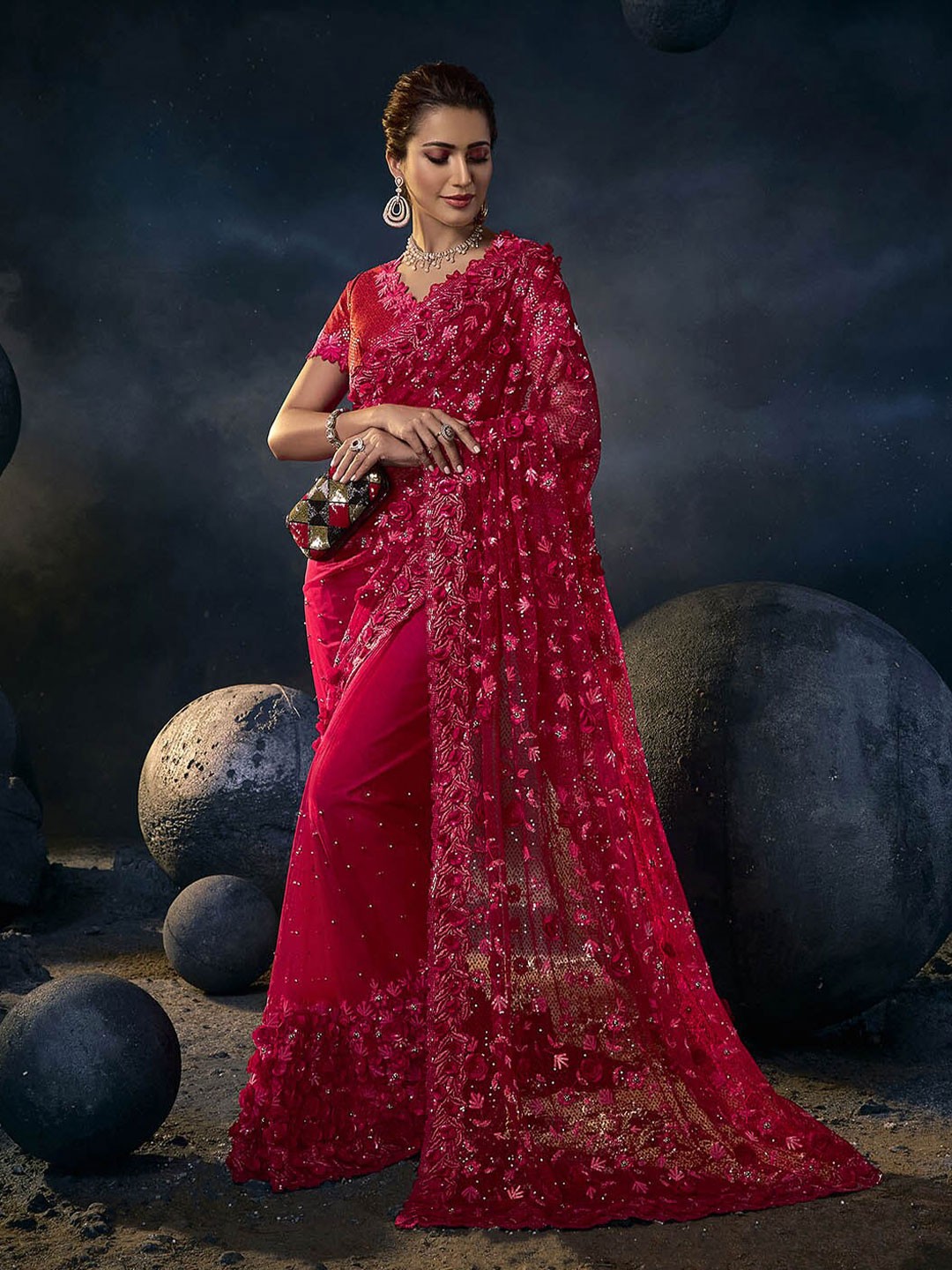 

ODETTE Red Floral Embroidered Net Saree