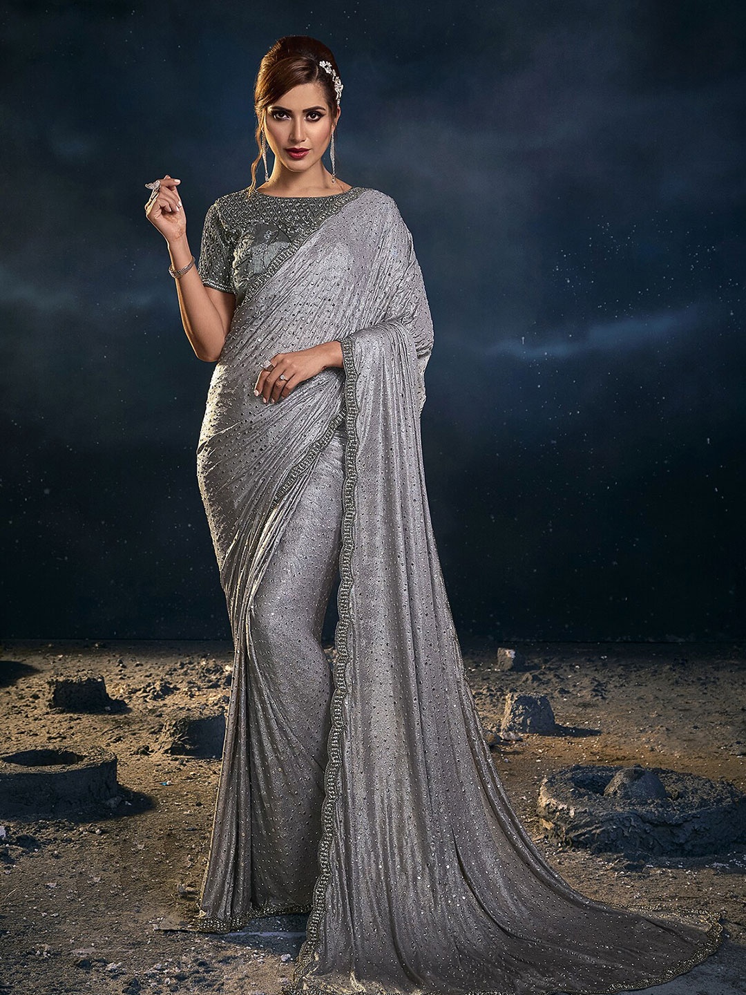 

ODETTE Grey Beads and Stones Silk Blend Saree