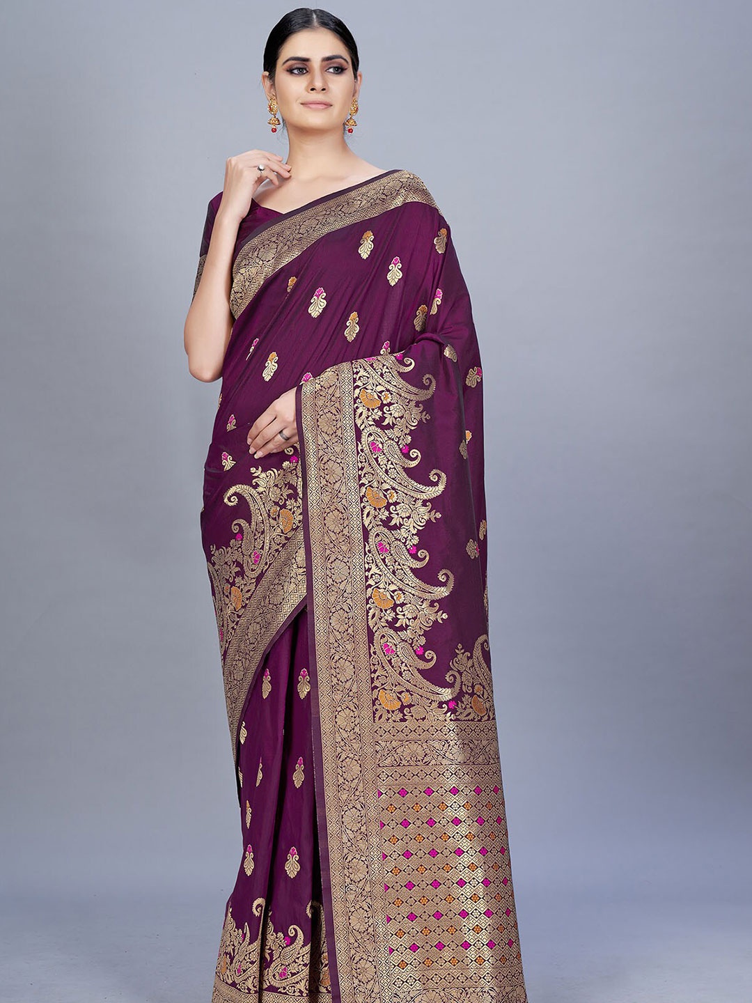 

ODETTE Purple & Gold-Toned Ethnic Motifs Zari Silk Blend Saree
