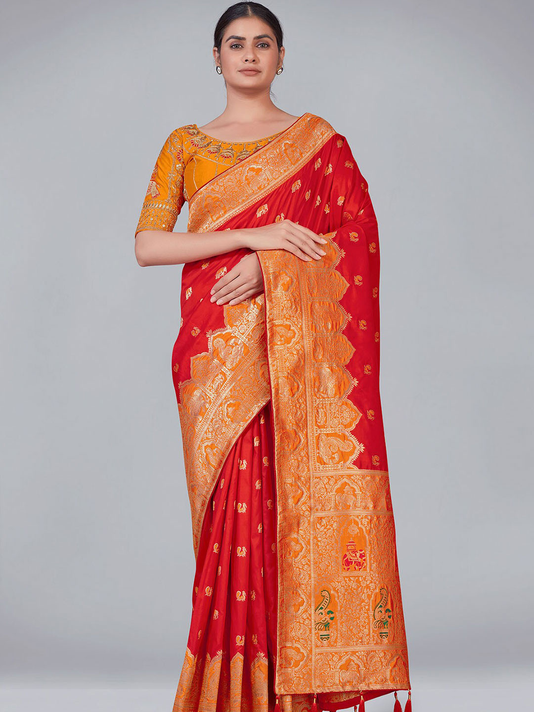 

ODETTE Red & Orange Woven Design Zari Silk Blend Saree