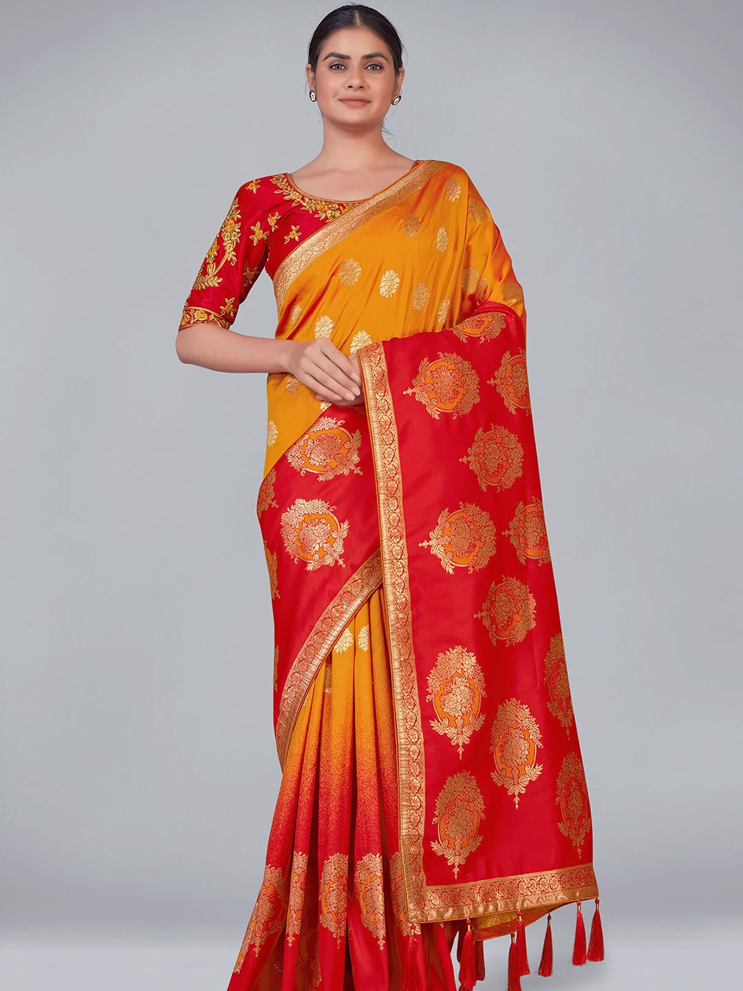 

ODETTE Yellow & Red Ethnic Motifs Zari Silk Blend Saree